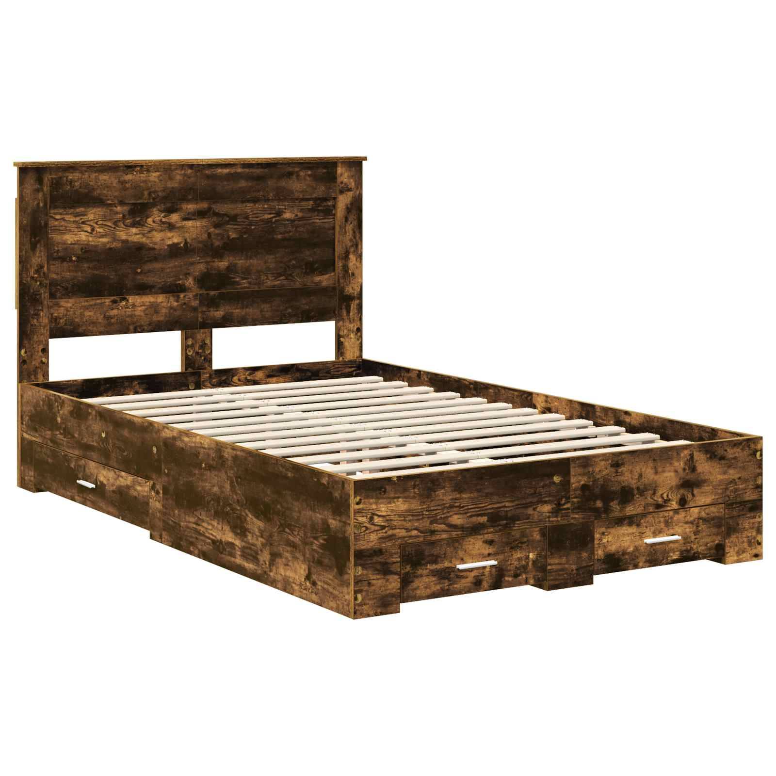 Ein Holz-Doppelbettgestell mit rustikalem Design, ausgestattet mit einem Kopfteil und einer Lattenrostbasis, ideal für eine gemütliche Schlafzimmeratmosphäre.