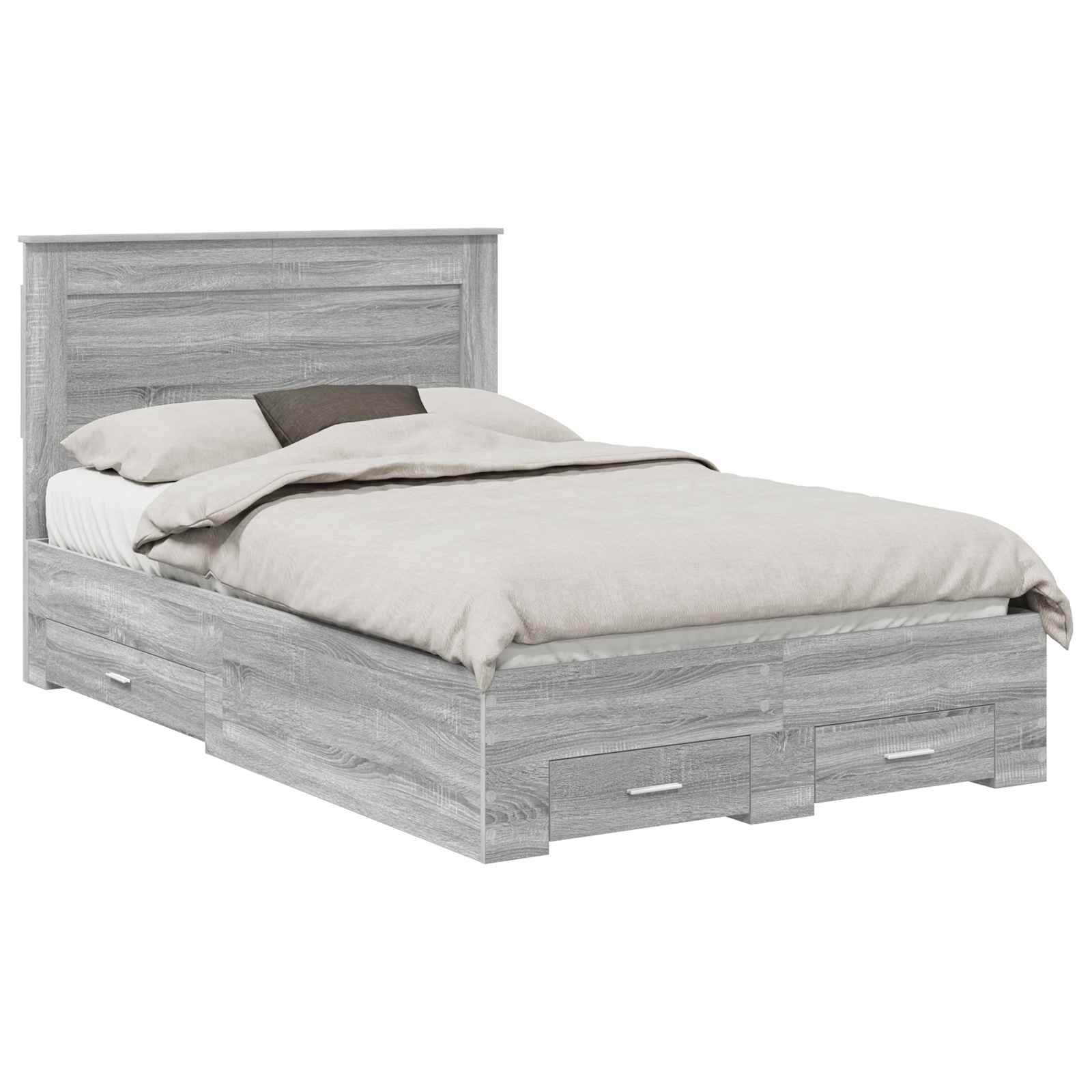 Ein grauer Holzbettrahmen mit hohem Kopfteil, integrierten Schubladen darunter und ordentlich angeordneter Bettwäsche, einschließlich eines Kissens und einer Bettdecke.