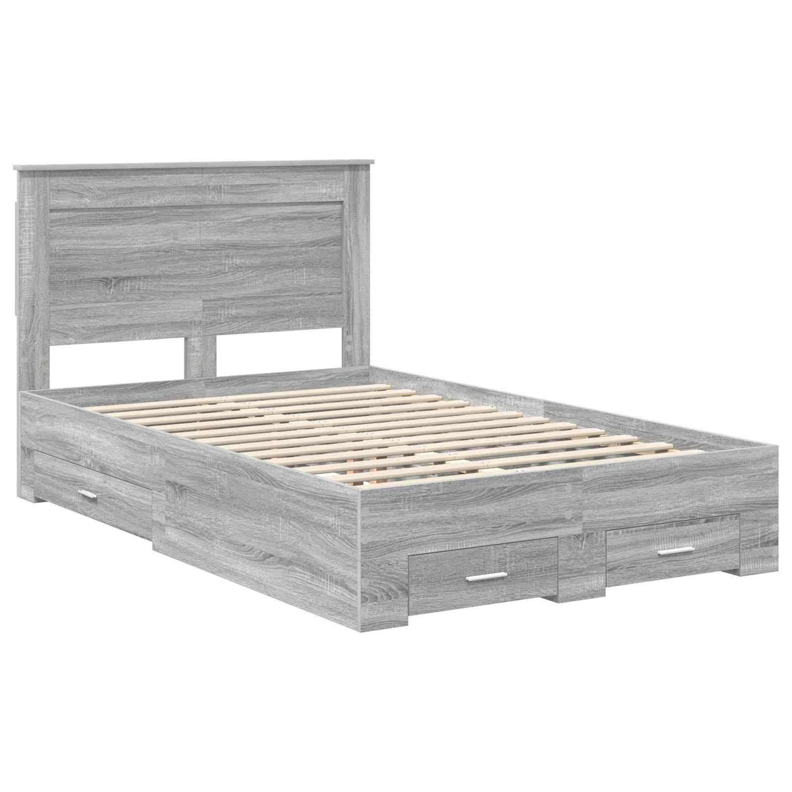 Holzbettrahmen mit Kopfteil und Aufbewahrungsschubladen unter dem Bett in einer hellen Grauton-Ausführung.