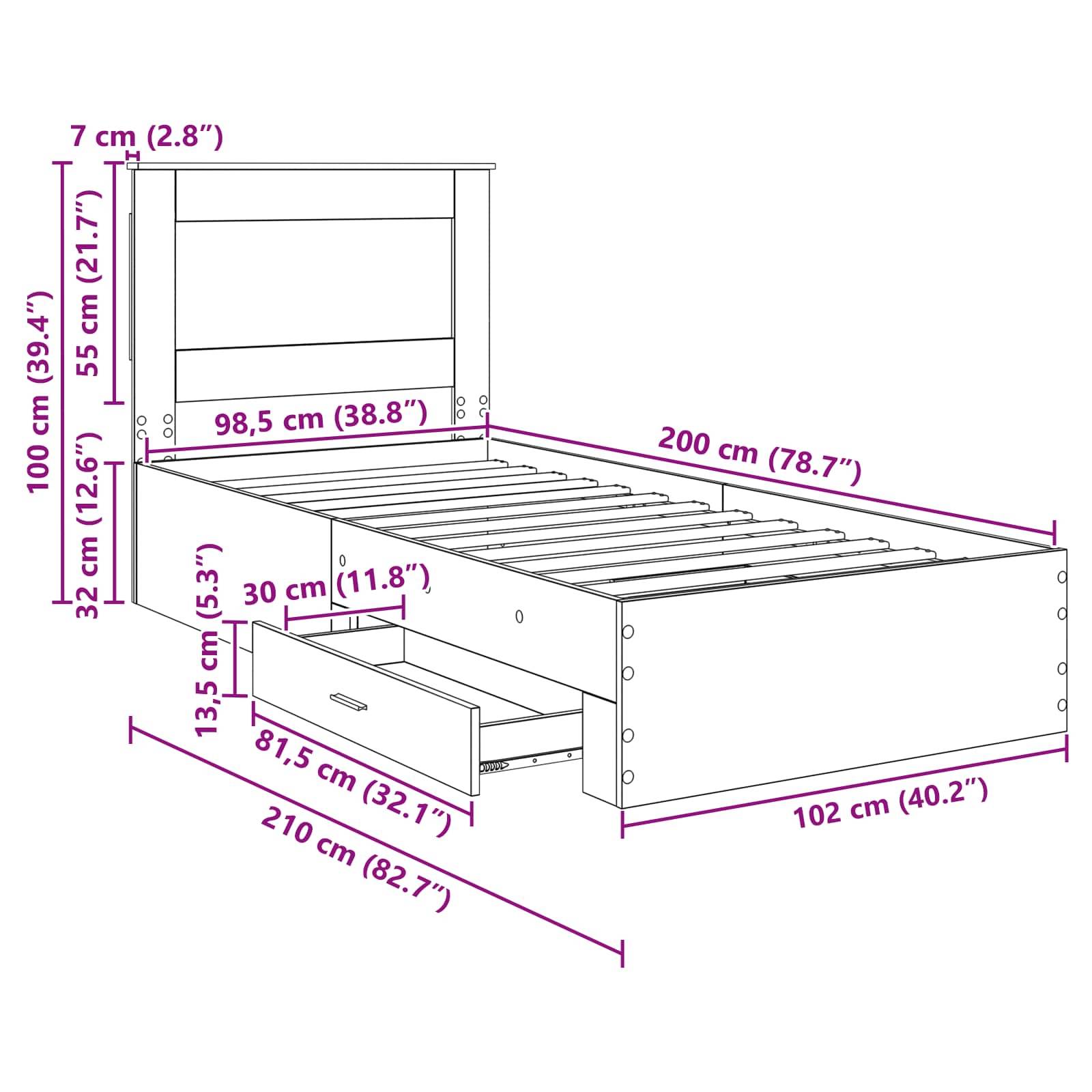Eine Skizze eines Bettes mit Maßen: Höhe 100 cm, Breite 98,5 cm, Tiefe 200 cm. Schubladen sind 30 cm breit, 11,8 cm hoch.