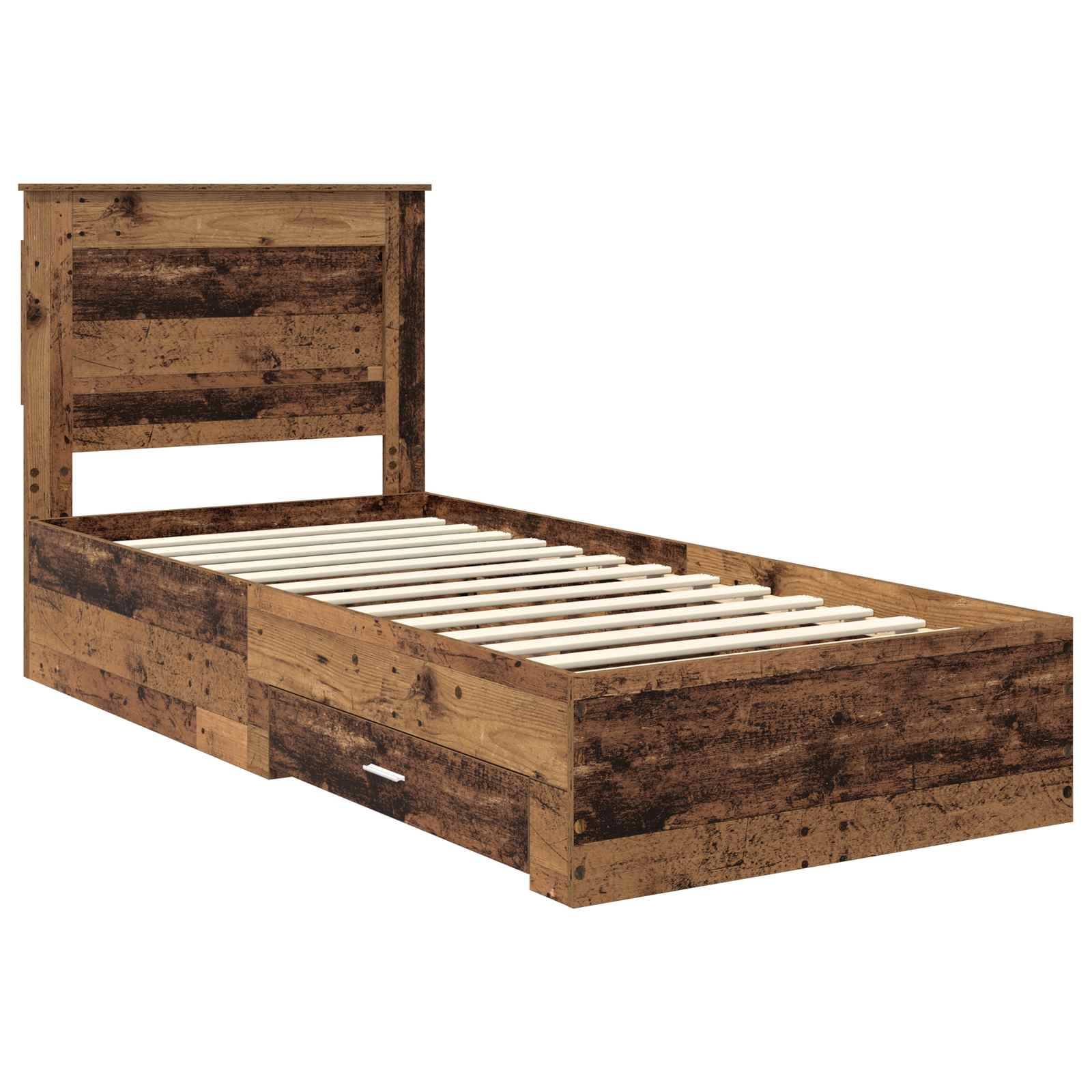 Ein Holzbettgestell mit einem Kopfteil und Aufbewahrungsschubladen unterhalb des Matratzenbereichs, mit einer rustikalen braunen Oberfläche.