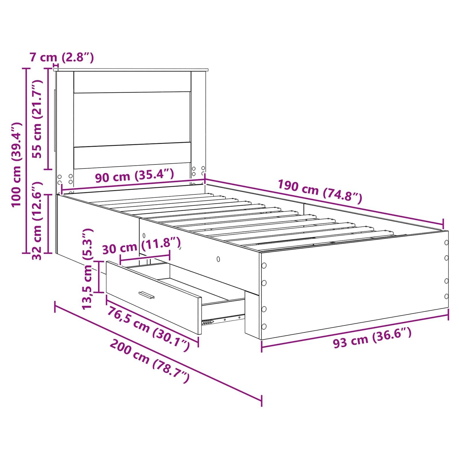 Bettrahmen-Diagramm mit Maßen: Höhe 100 cm, Länge 200 cm, Breite 90 cm. Aufbewahrungsschublade: 30 cm breit, 32 cm hoch; Bodenfreiheit 35 cm.