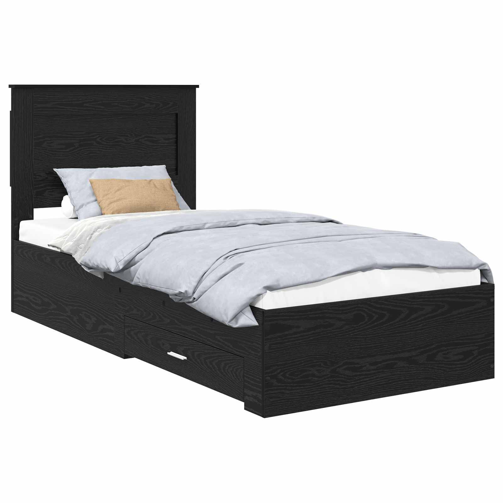 Ein schwarzes Holzbett mit Einzelmatratze und hohem Kopfteil, bezogen mit weißer und grauer Bettwäsche und einem beigen Akzentkissen.