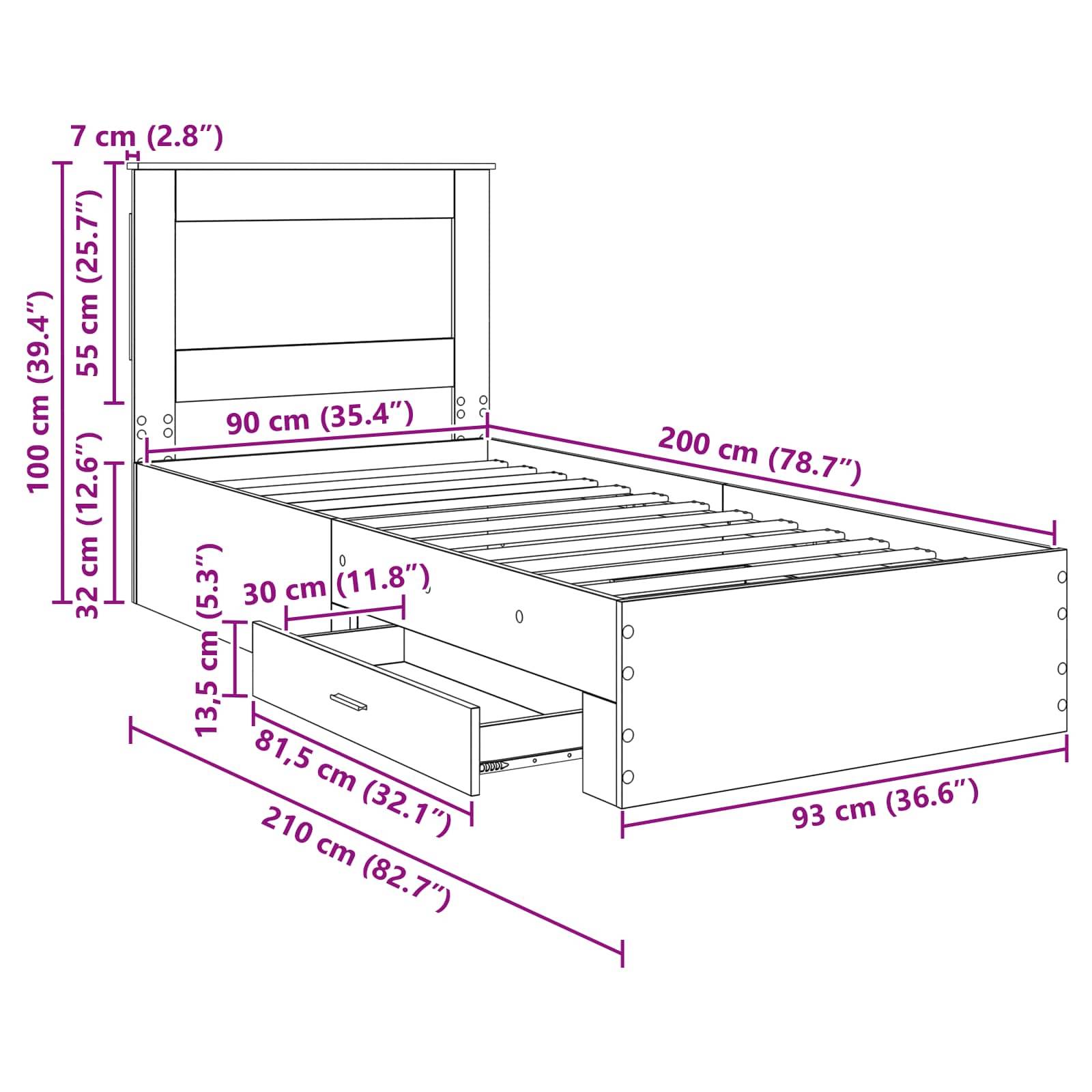 Rahmen eines Bettes mit beschrifteten Abmessungen: Höhe 100 cm, Breite 93 cm, Länge 210 cm. Inklusive Schubladendimensionen 35 cm hoch, 30 cm tief.