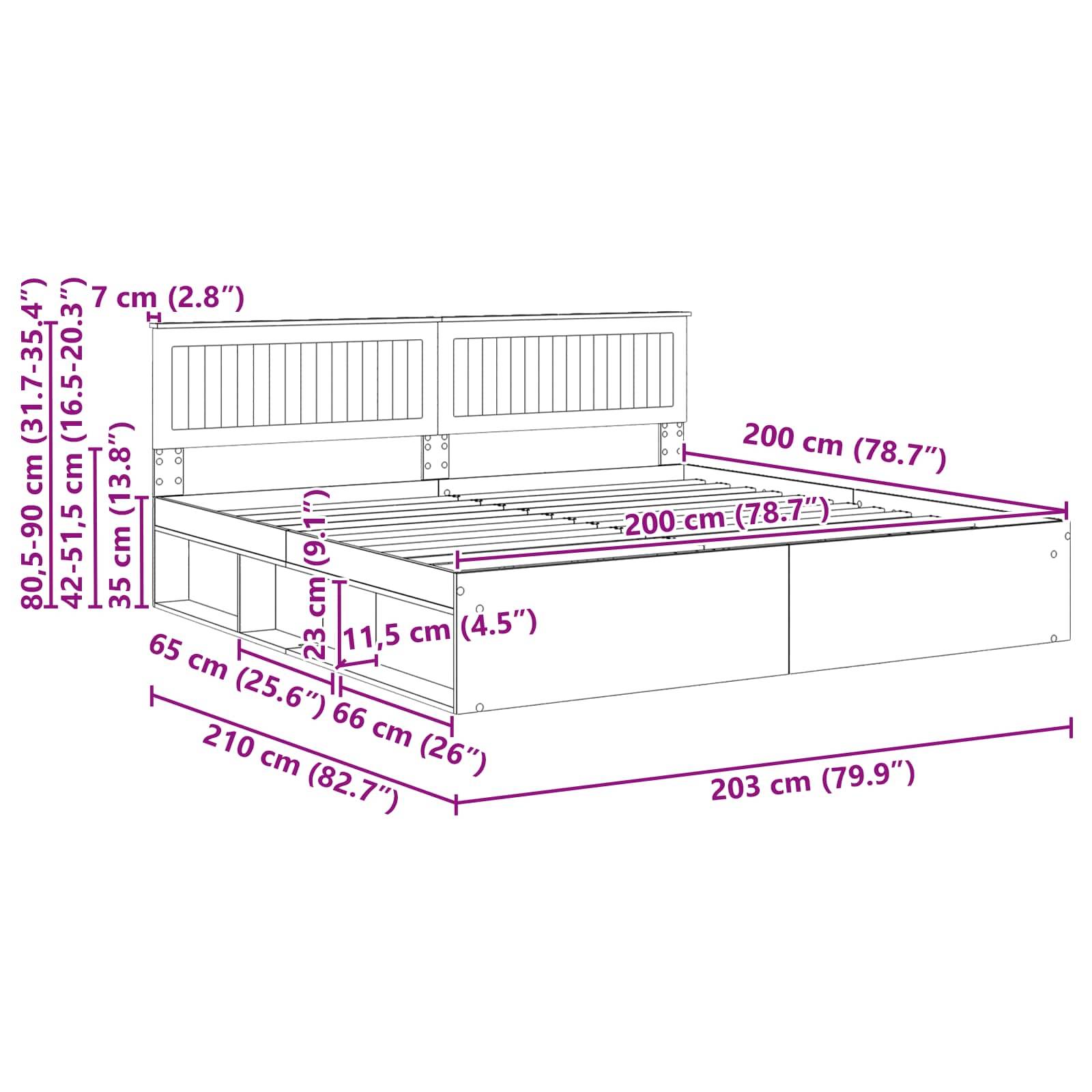 Abmessungen eines Bettes mit Kopfteil: Höhe 80,5-90 cm, Länge 203 cm, Breite 200 cm. Beinhaltet die Höhe der Schubladen und den Freiraum.