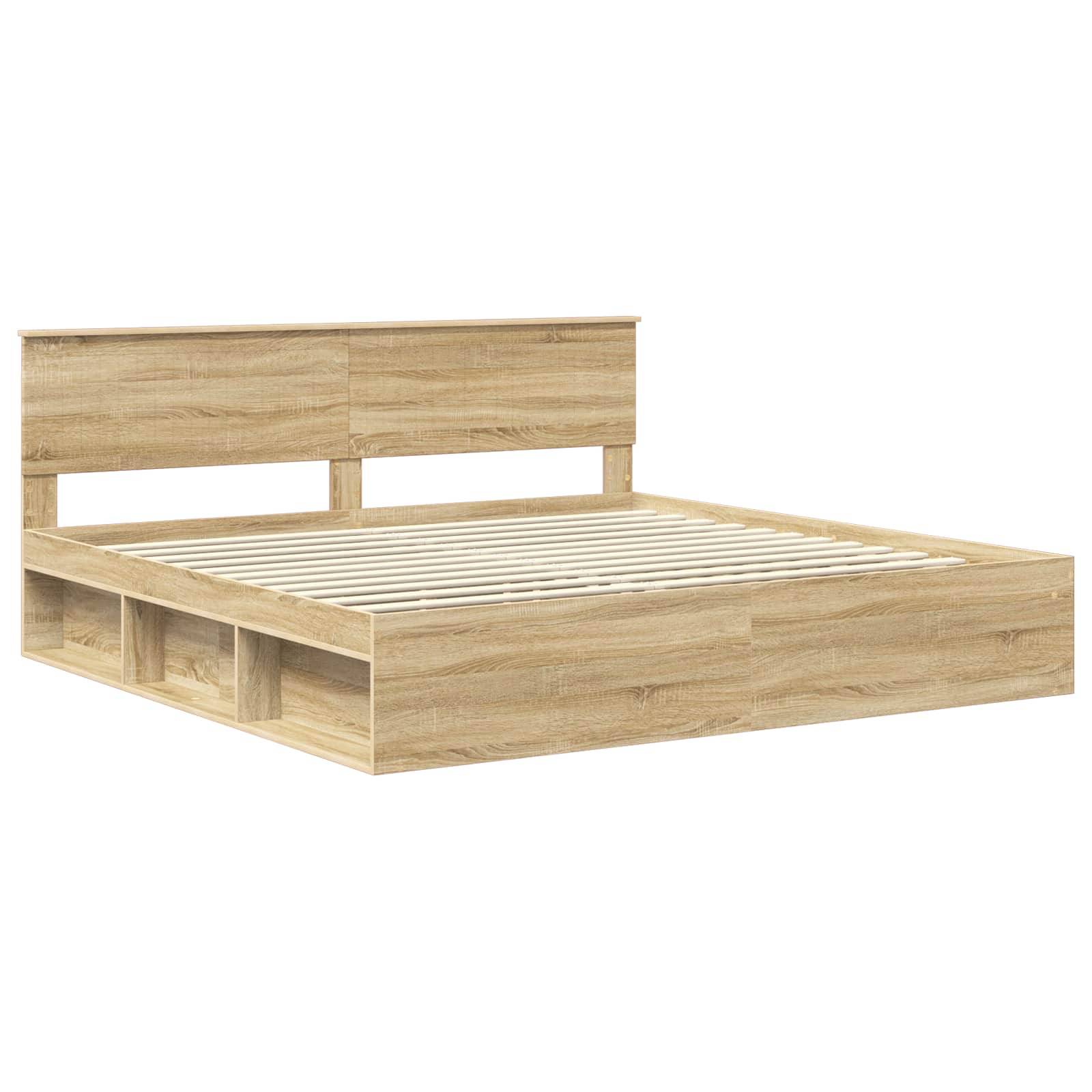 Holzrahmen für ein Bett mit Kopfteil, ausgestattet mit integrierten Aufbewahrungsregalen darunter. Das Design ist minimalistisch und modern.