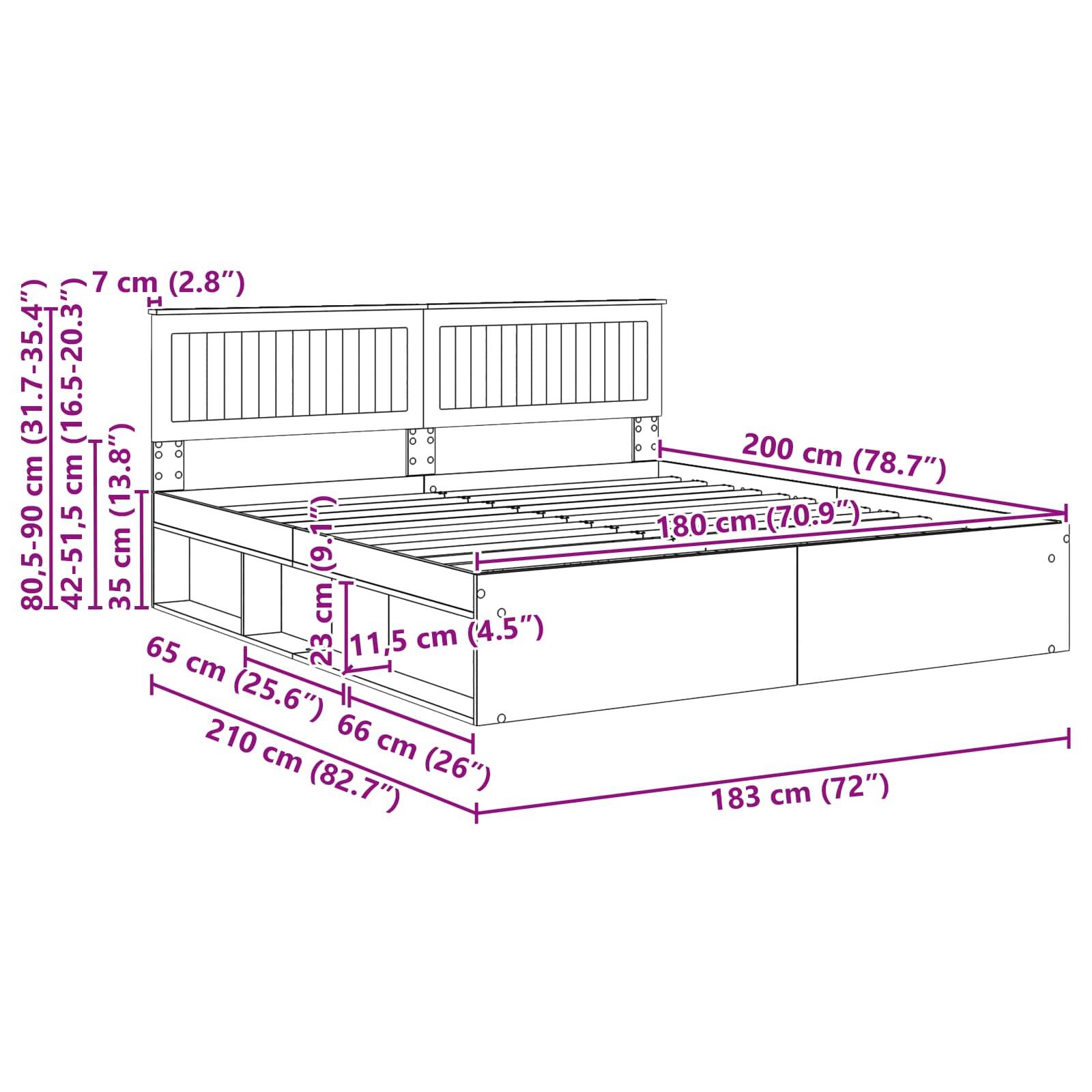 Abmessungen eines Bettes mit Kopfteil und Staurageschubladen, detailliert in Zentimetern und Zoll. Schlüsselmaße: 200 cm (Länge), 183 cm (Breite), Kopfteilhöhe bis zu 90,5 cm.