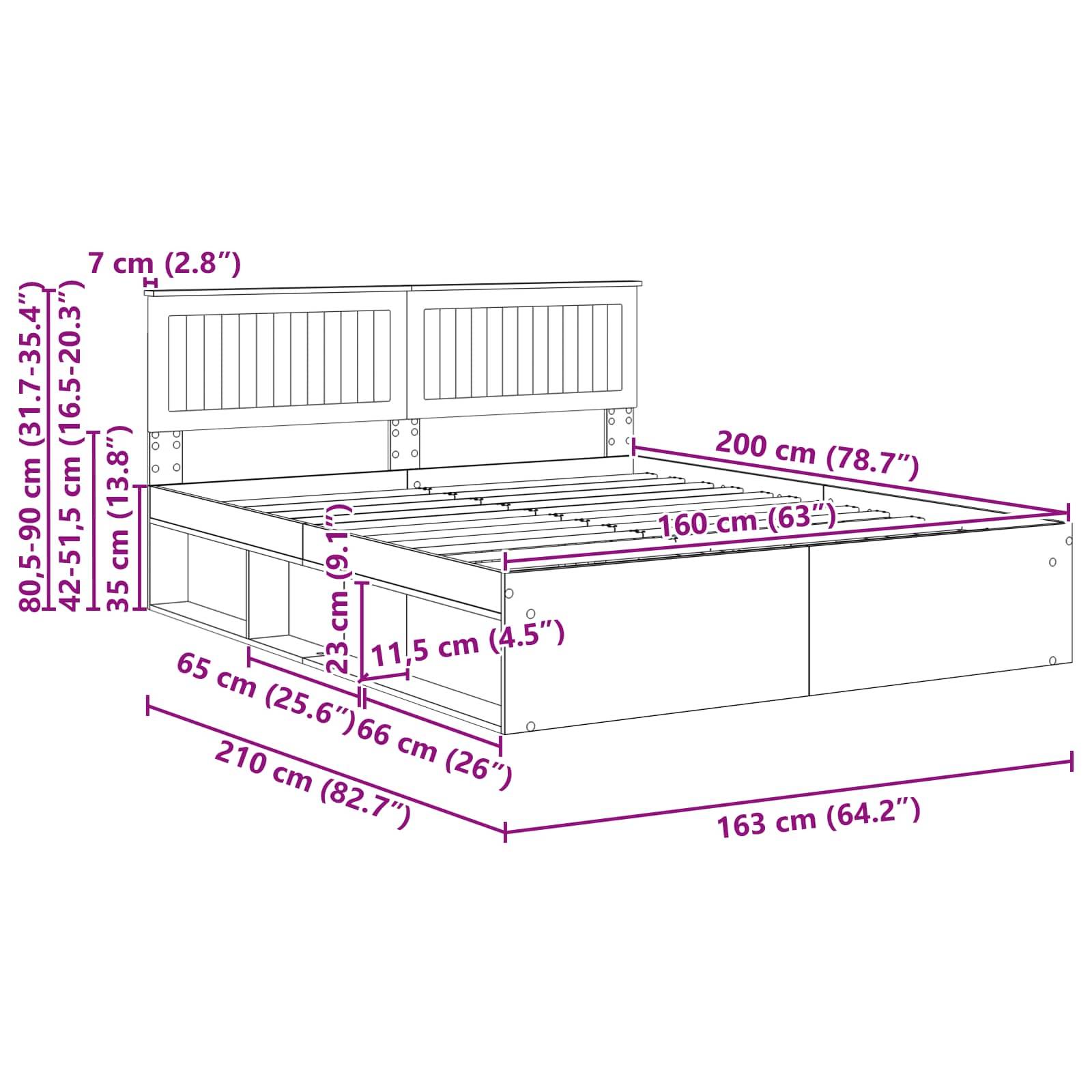 Darstellung eines Bettgestells mit Maßangaben in Zentimetern und Zoll. Hauptmaße: Länge 210 cm, Breite 163 cm, Höhe 80,5-90 cm.