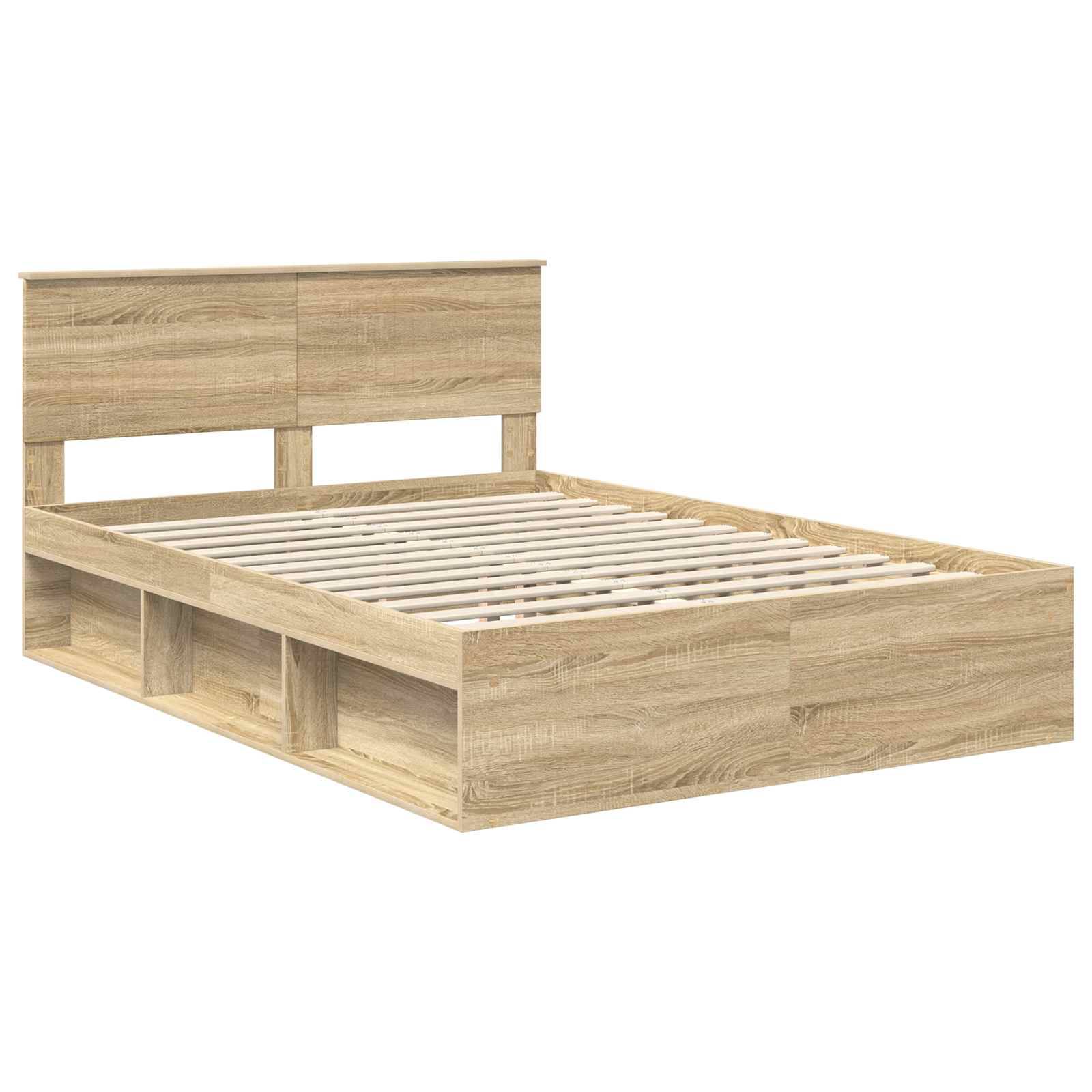 Ein Holzbettgestell mit rechteckigem Kopfteil und Bettkasten-Schubladen. Helle Holzoberfläche, passend für ein modernes Schlafzimmer.