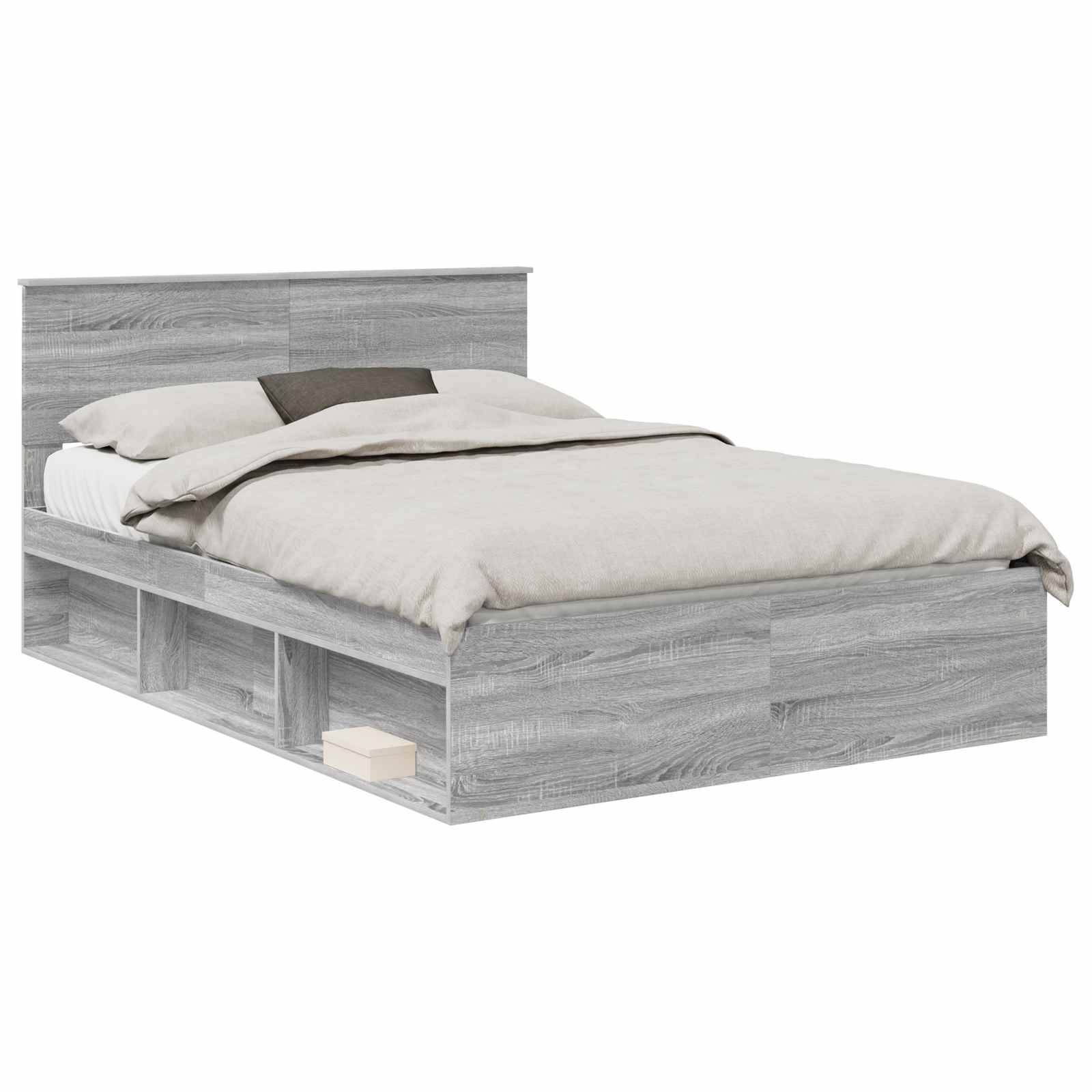 Ein grauer Holzbettrahmen zeigt ein modernes Design mit einem Kopfteil und integrierten Stauraummöglichkeiten darunter.