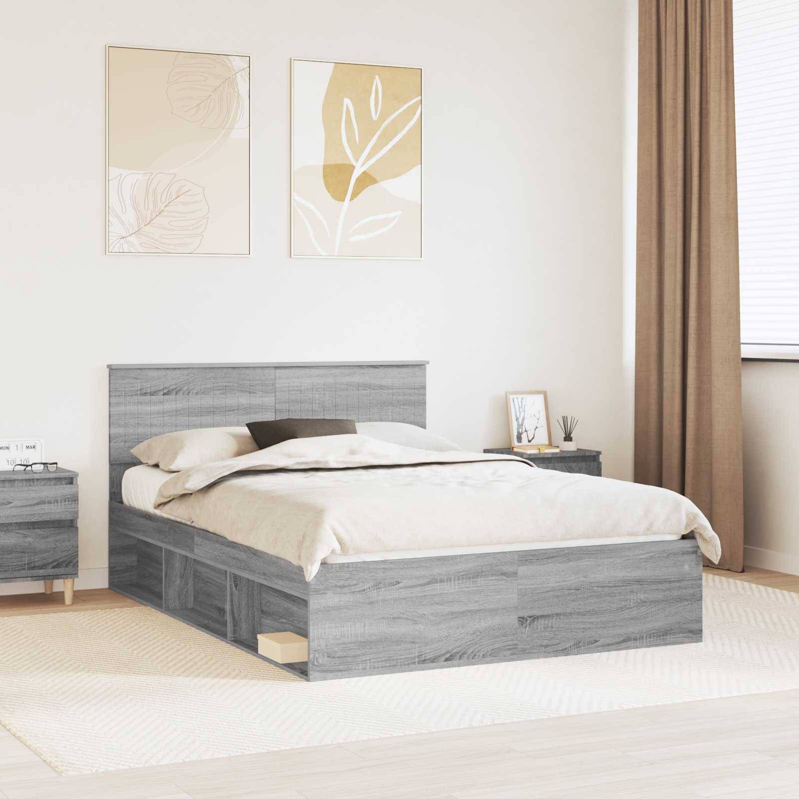 vidaXL Bettrahmen Graues Sonoma 135 x 190 cm Massives Kiefernholz