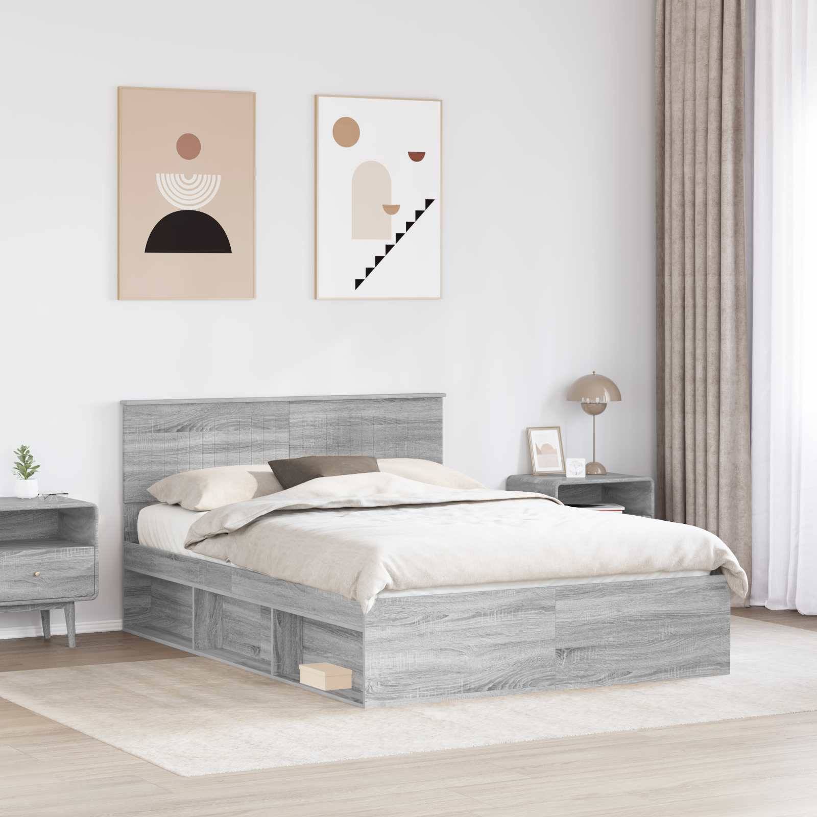 vidaXL Bettrahmen Graues Sonoma 135 x 190 cm Massives Kiefernholz