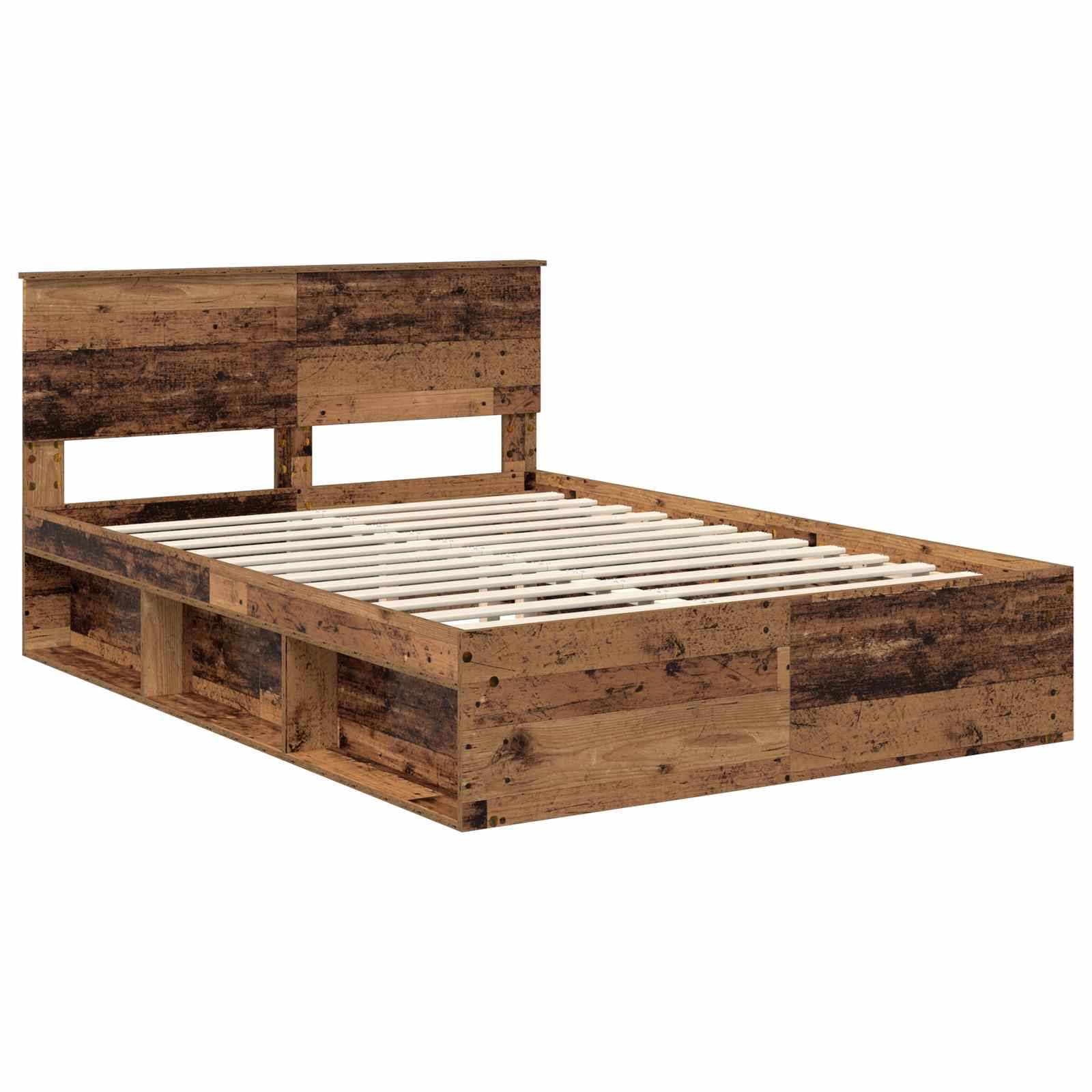 Ein rustikaler Holzbettrahmen mit Lamellendesign und Kopfteil, versehen mit einem natürlichen, verwitterten Finish.