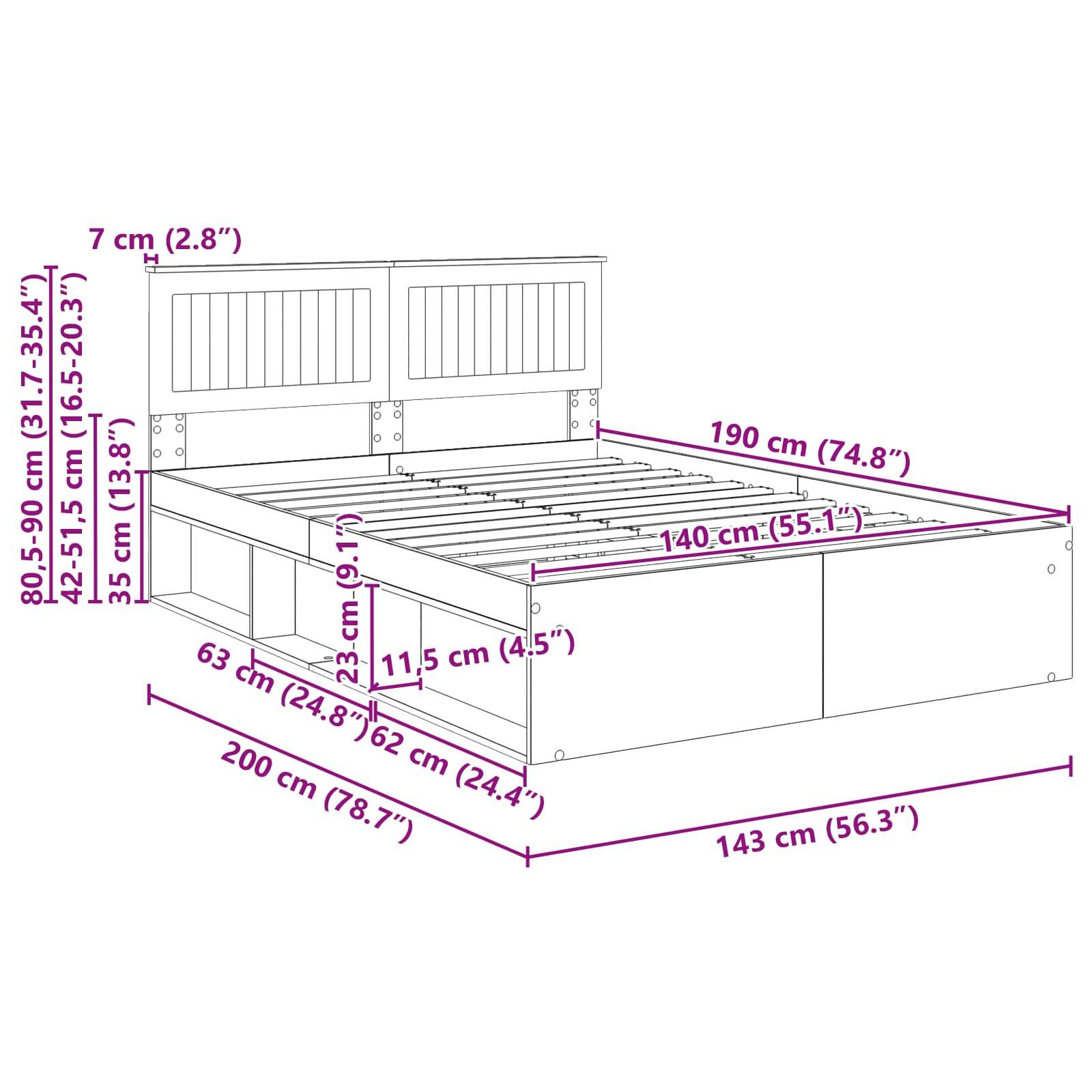 Eine Skizze eines Bettes mit Abmessungen: Höhe 80,5-90 cm, Länge 200 cm, Breite 143 cm. Merkmale umfassen ein Kopfteil und Stauraum unter dem Bett.