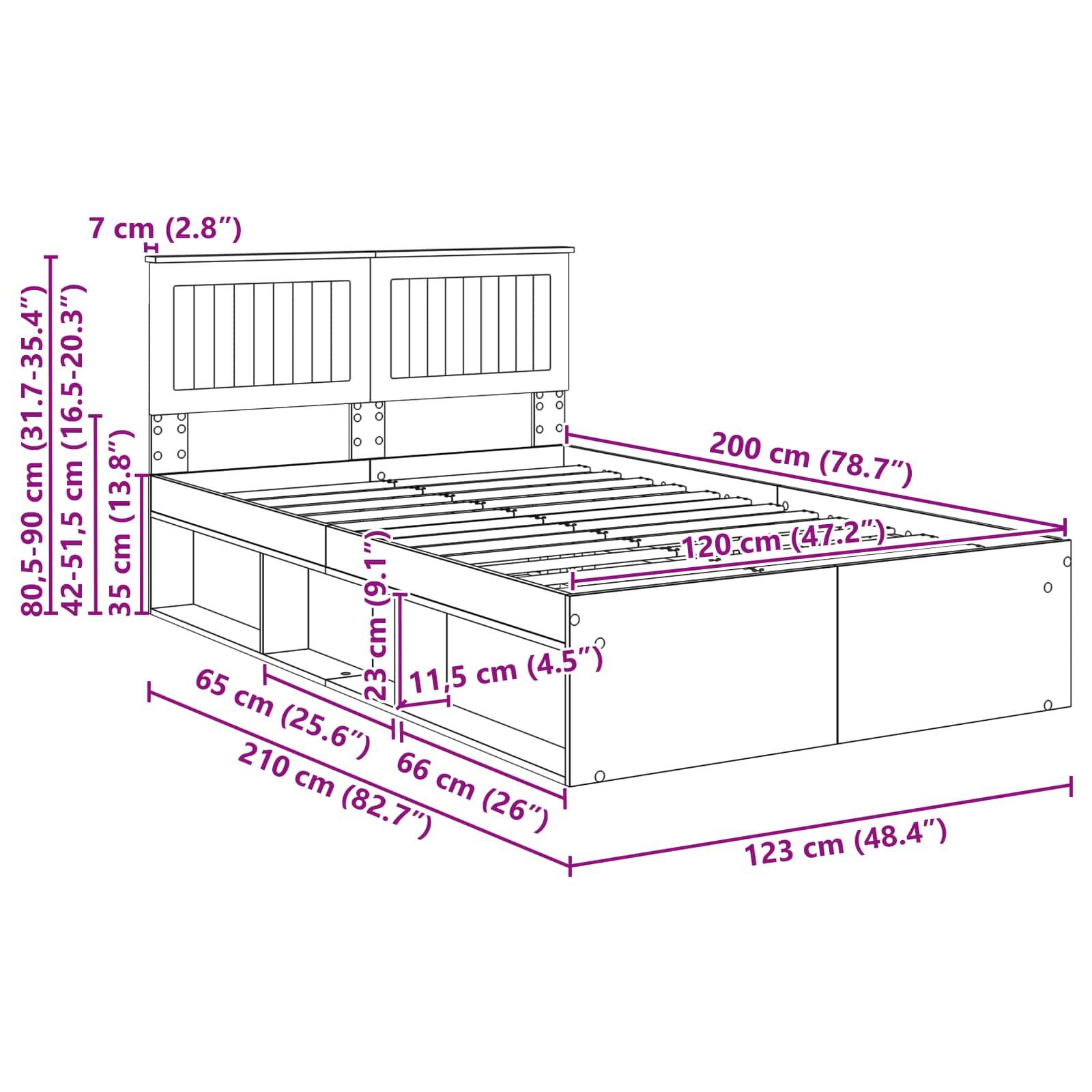Bett mit Maßen: 200 cm Länge, 123 cm Breite, Kopfteil 80,5-90 cm Höhe, Platz für Matratze 120 cm Breite. Inklusive Stauraum.