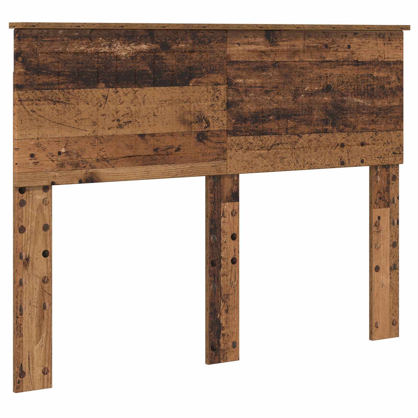 Ein rustikales Holzkopfteil mit einer verwitterten Oberfläche. Die Holzmaserung ist sichtbar und verleiht ihm ein Vintage-Aussehen. Zwei kräftige Beine stützen es.