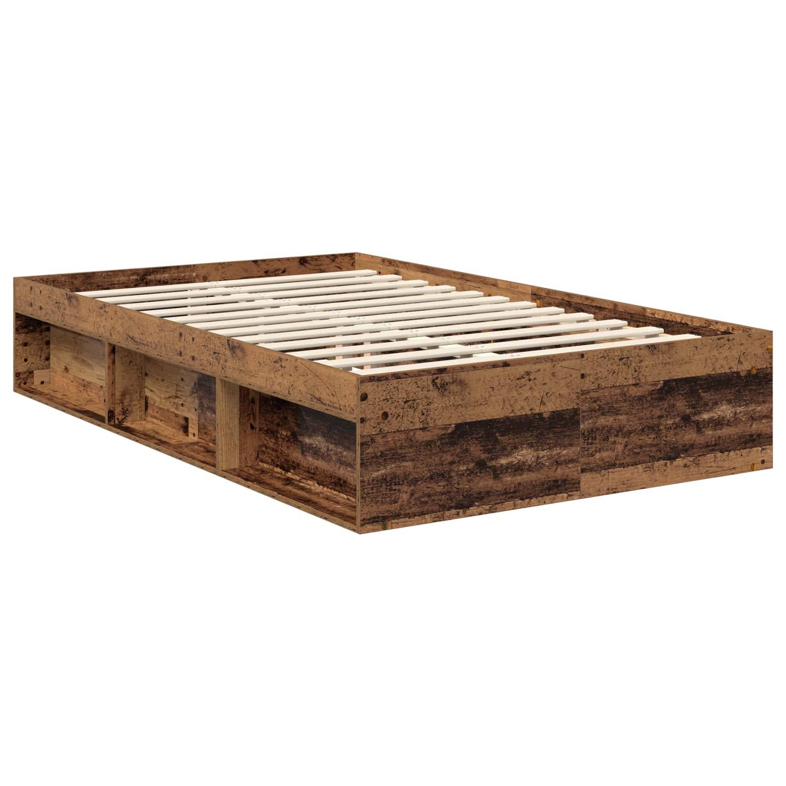 Holz-Doppelbett mit seitlichen Stauraumfächern, mit rustikaler Oberfläche und Lattenrost zur Matratzenunterstützung.