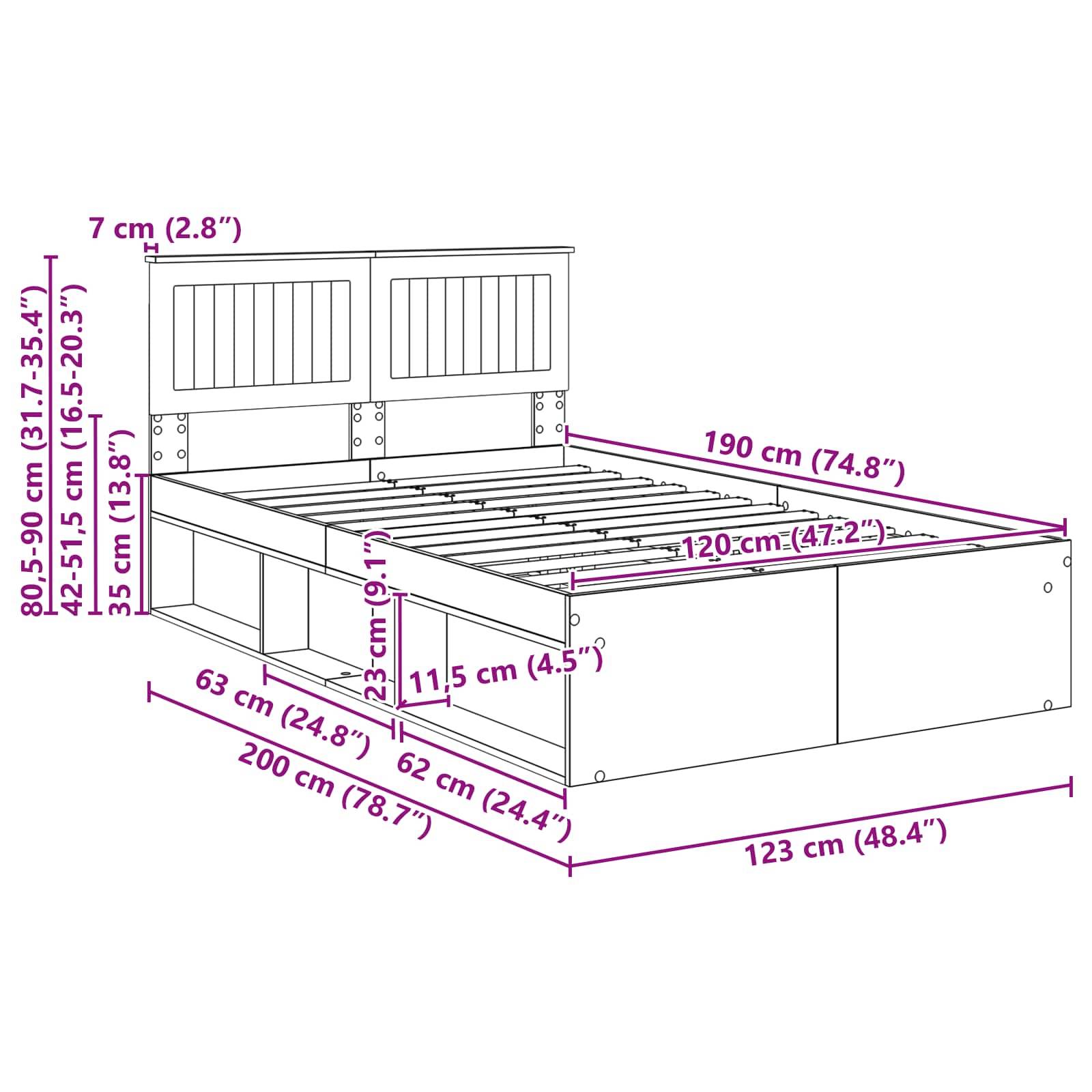 Diagramm eines Bettgestells mit Abmessungen: Höhe 80,5-90 cm, Länge 200 cm, Breite 123 cm. Inklusive Maße der Staurageschubladen und des Kopfteils.