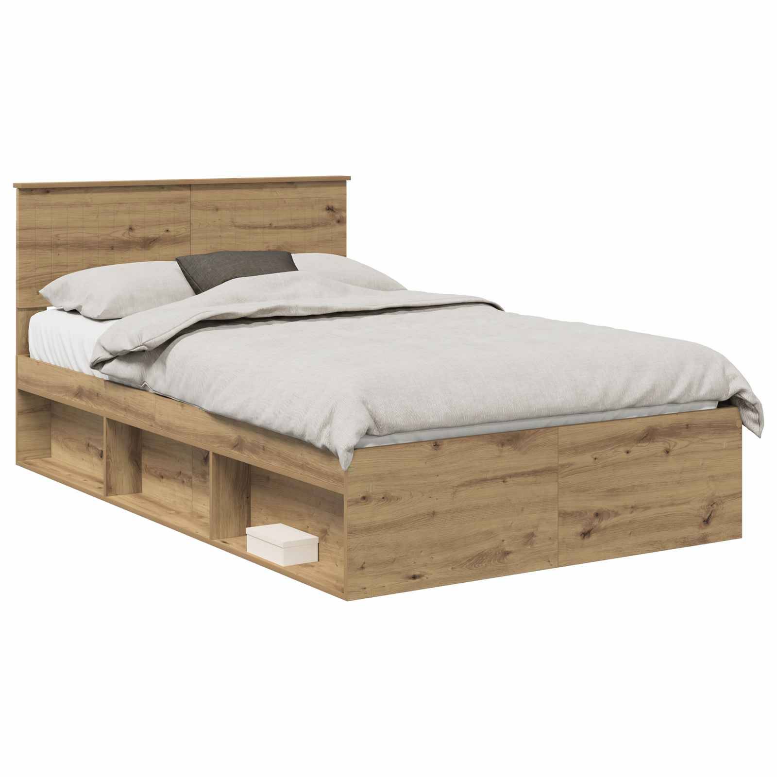 Ein Holz-Stauraumbett mit Kopfteil, ausgestattet mit leichter Bettwäsche und Kissen. Der Rahmen umfasst offene Fachregale zur Aufbewahrung.