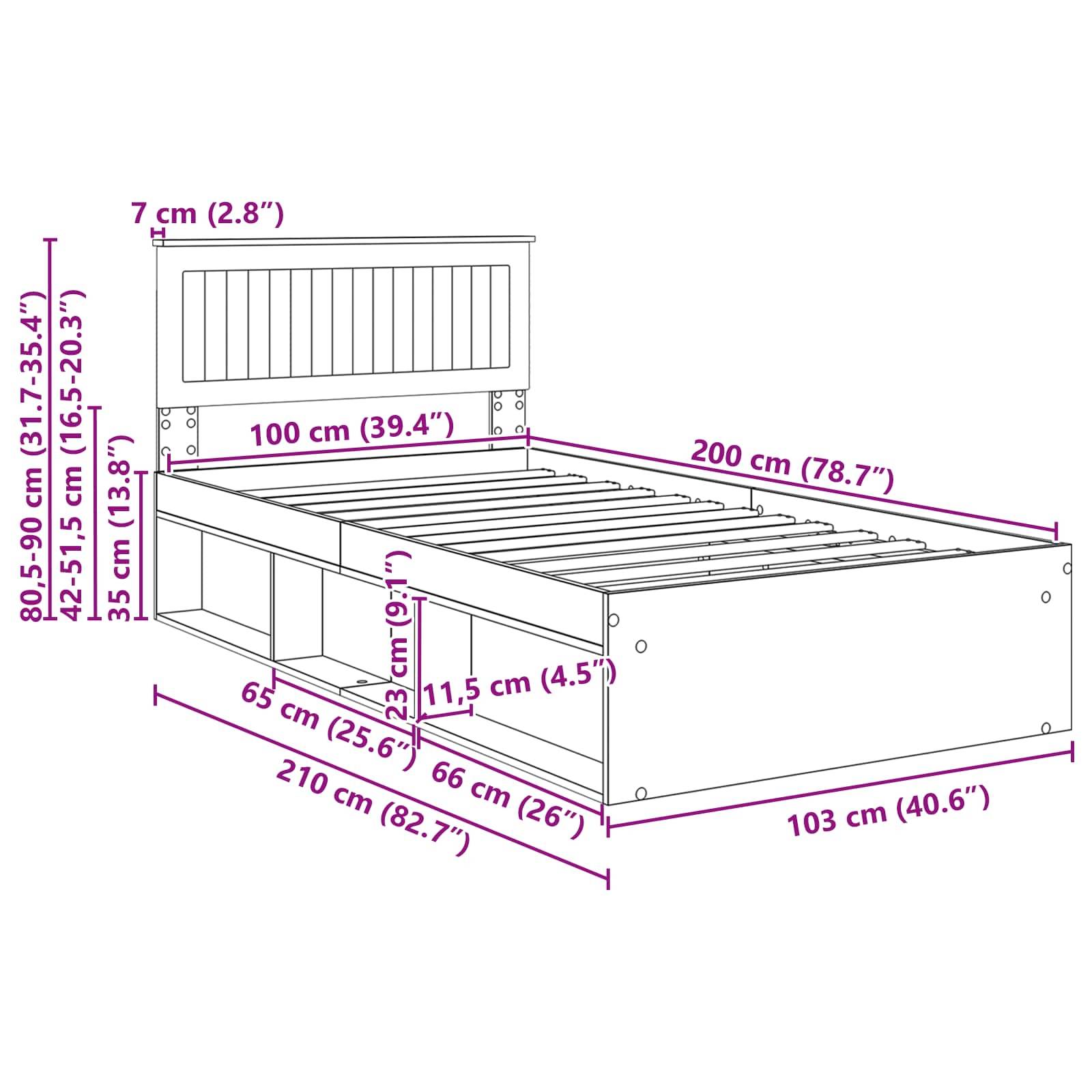 Bettrahmen-Schematische Zeichnung mit Maßangaben: Höhe 80,5-90 cm, Breite 100 cm, Länge 200 cm. Beinhaltet Aufbewahrungsregale: 65 cm vom Kopfende entfernt.