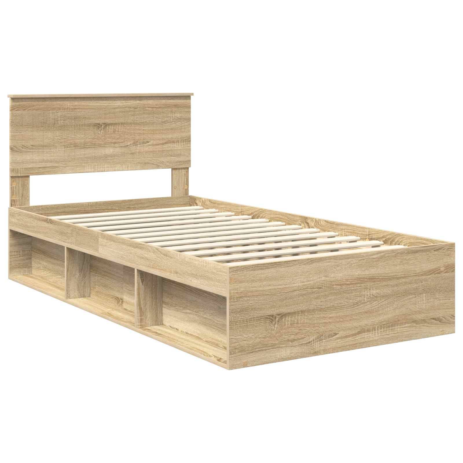 Ein Holz-Einzelbettgestell mit Lattenrost und Kopfteil. Das Gestell verfügt über drei integrierte seitliche Stauraumbereiche.