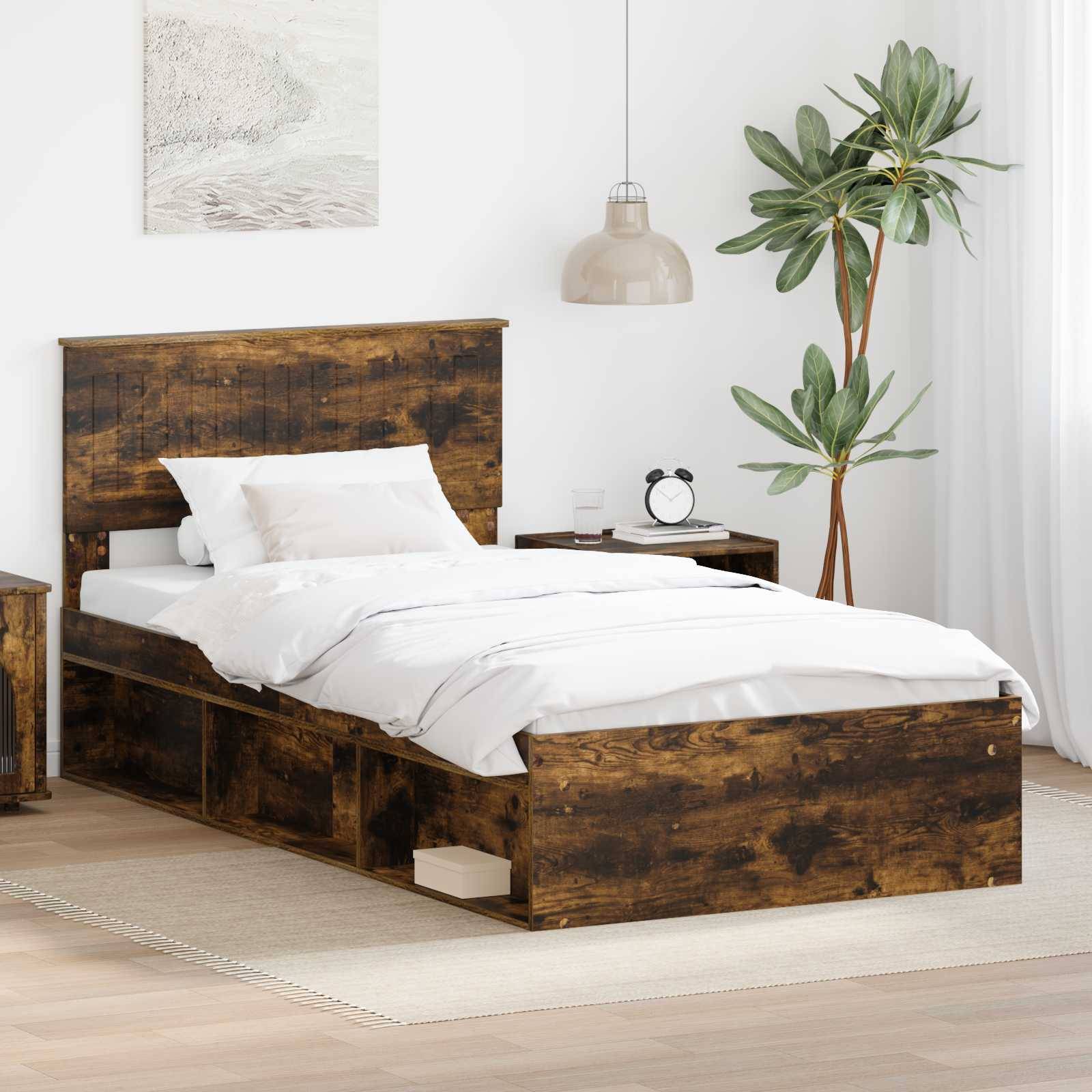 vidaXL Bettrahmen Geräucherte Eiche 100 x 200 cm Massives Kiefernholz