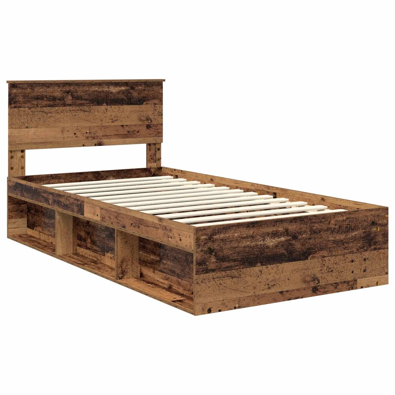 Holzbettgestell mit rustikaler Oberfläche, ausgestattet mit einem Kopfteil und sichtbaren Stauraummöglichkeiten unter den Seiten.