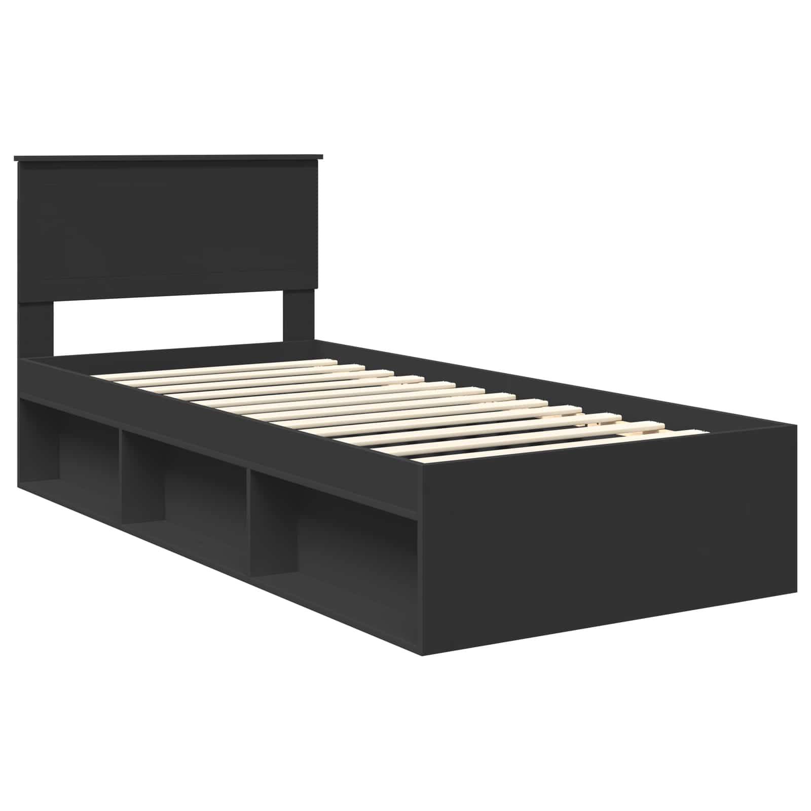 Ein schwarzer Doppelbett-Rahmen mit Stauraum-Regalen darunter und einem schlichten Kopfteil, aus einem Winkel betrachtet.