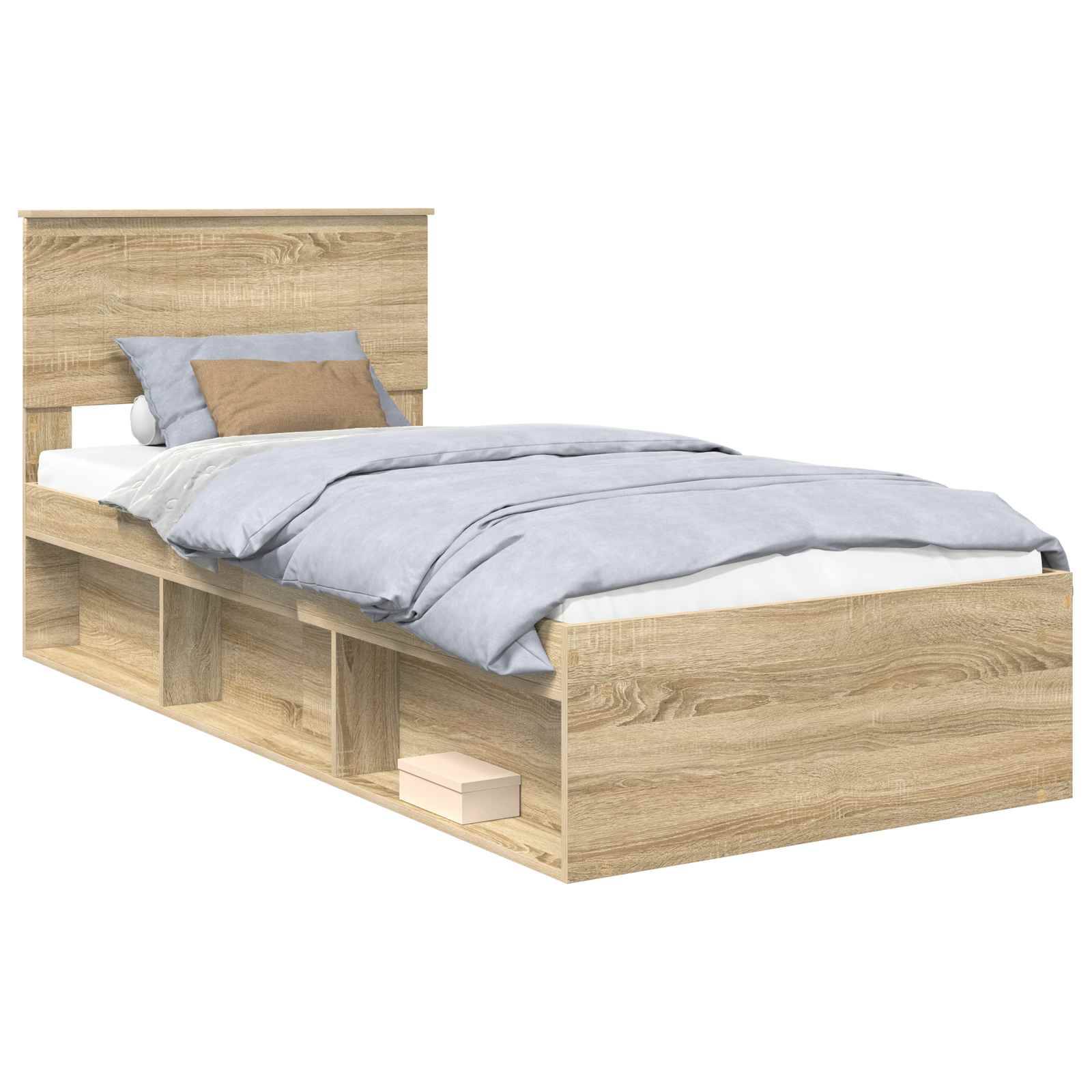 Ein Holz-Einzelbett mit integrierten Ablageregalen, ausgestattet mit blauer und brauner Bettwäsche.