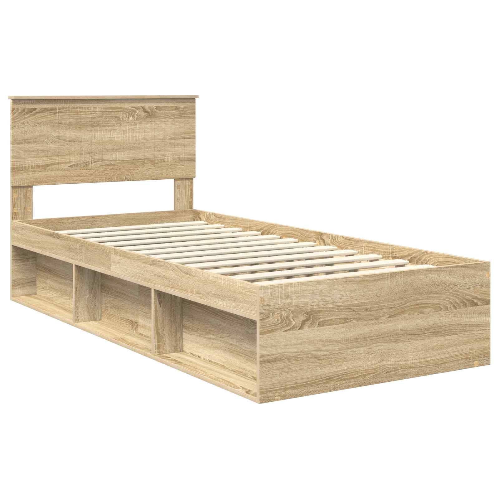 Ein Holz-Einzelbettgestell mit integrierten Stauraumregalen unter dem Bett, mit einem einfachen, minimalistischen Design und einem Lattenrost-Kopfteil.