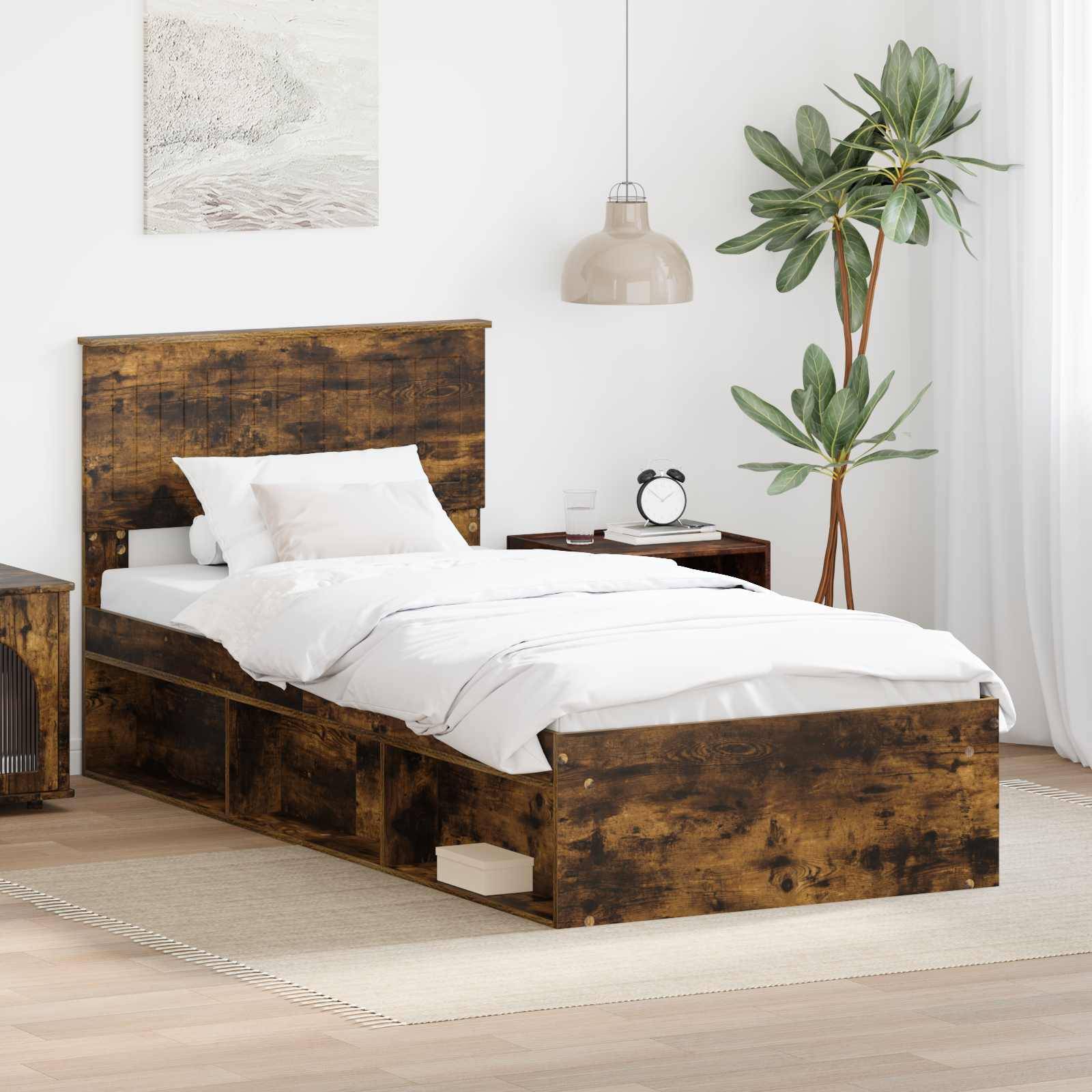 vidaXL Bettrahmen Geräucherte Eiche 90 x 190 cm Massives Kiefernholz