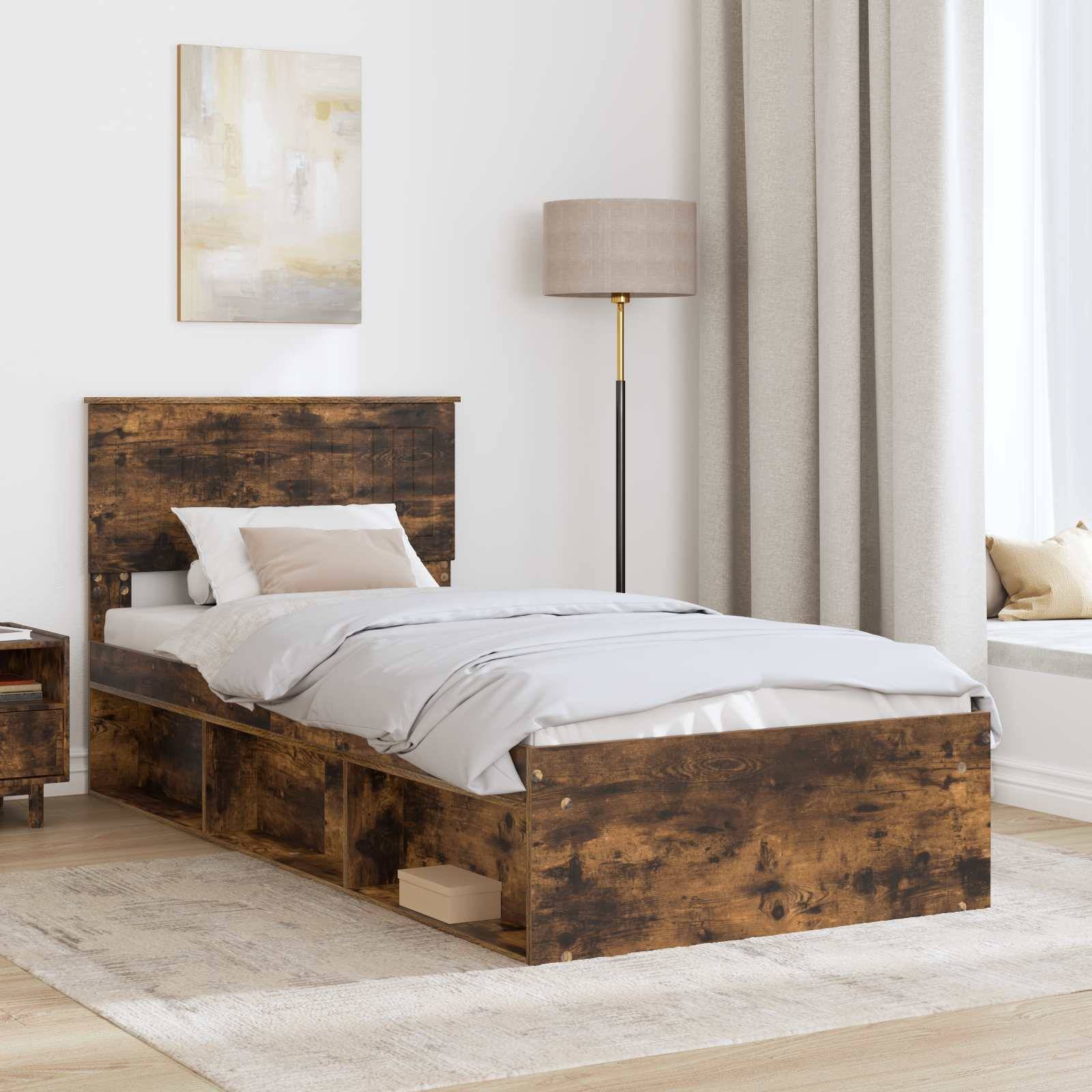 vidaXL Bettrahmen Geräucherte Eiche 90 x 190 cm Massives Kiefernholz