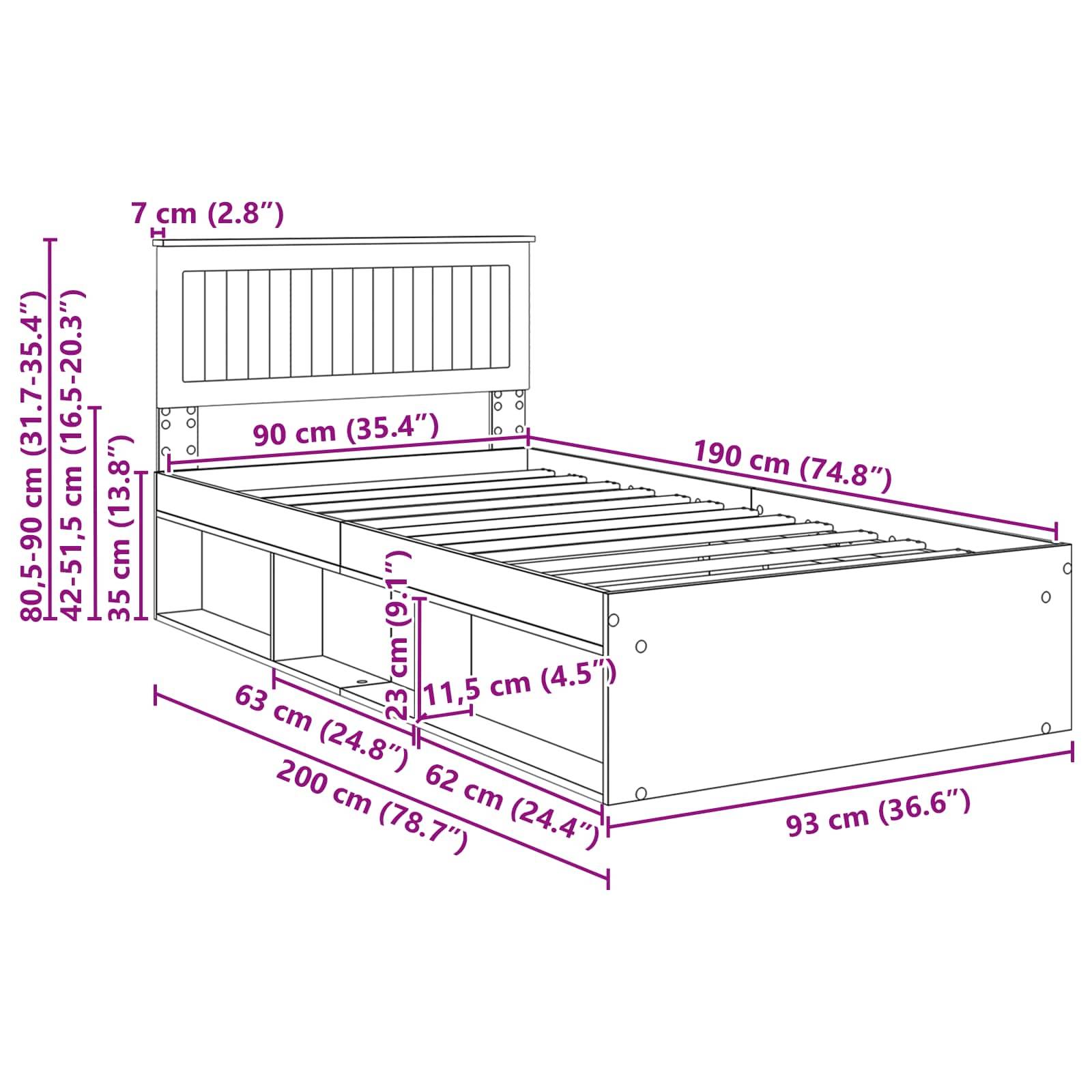 Diagramm eines Bettes mit Maßen: Länge 200 cm (78,7