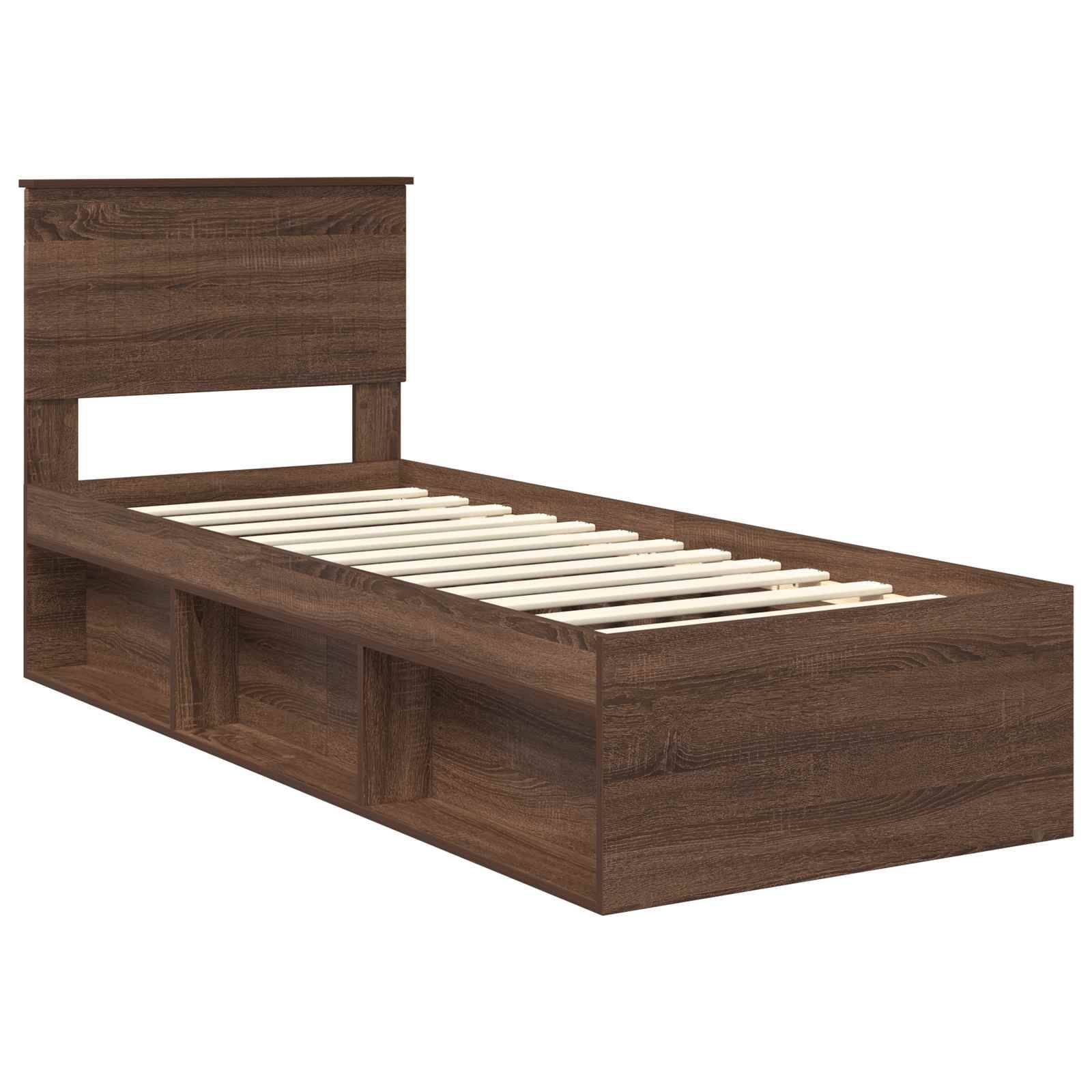 Ein Holz-Doppelbett mit Kopfteil und integrierten Stauraumregalen darunter, ausgestattet mit einer Latten-Unterkonstruktion zur Matratzenunterstützung.