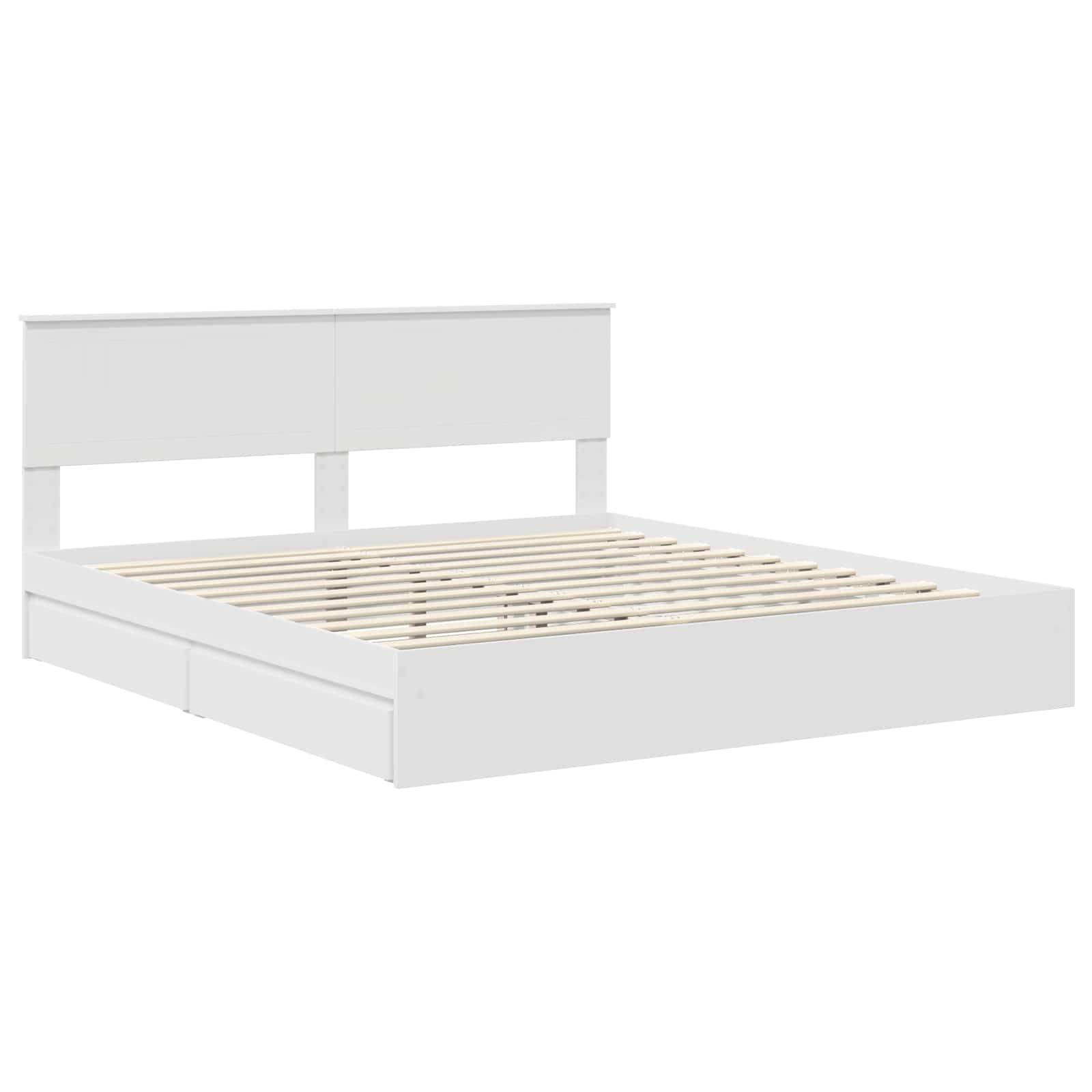 Ein weißer Holzbettrahmen mit einem einfachen, modernen Design und einer Lattenrost-Basis, geeignet für eine Queen-Size-Matratze.