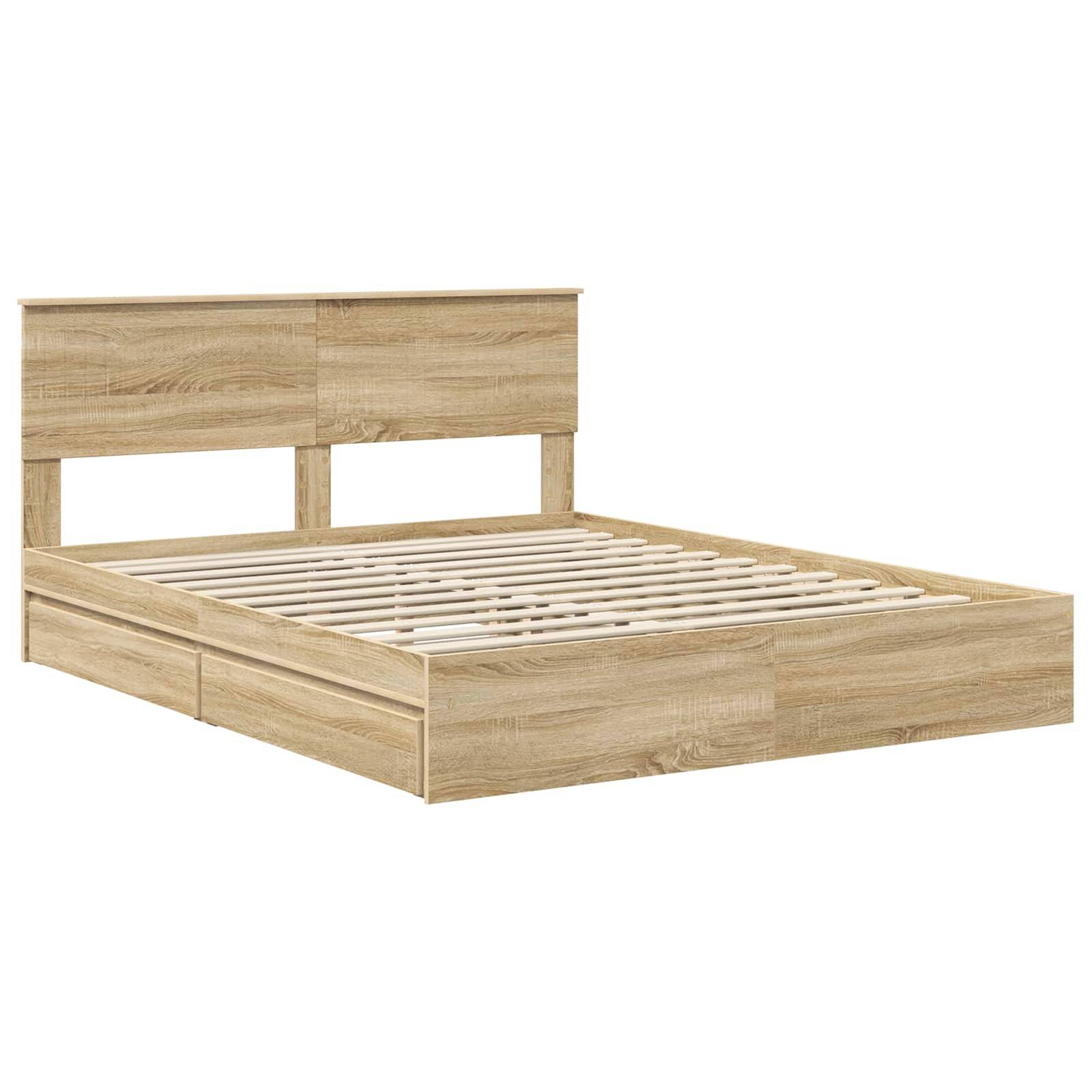 Holzbettgestell mit Kopfteil, mit natürlicher Holzoberfläche und Lattenrost, ohne Matratze dargestellt.