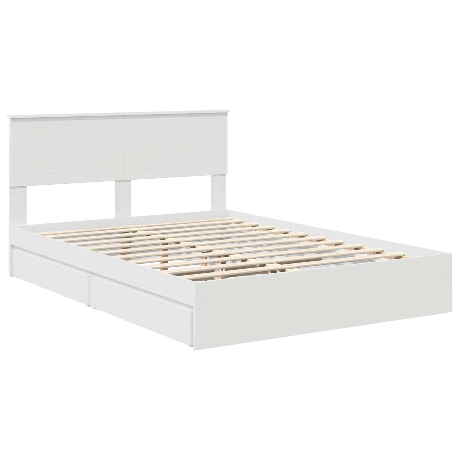 Ein weißer Bettrahmen mit einem schlichten Kopfteil, ohne Matratze gezeigt, mit Holzlatten und modernem Design.