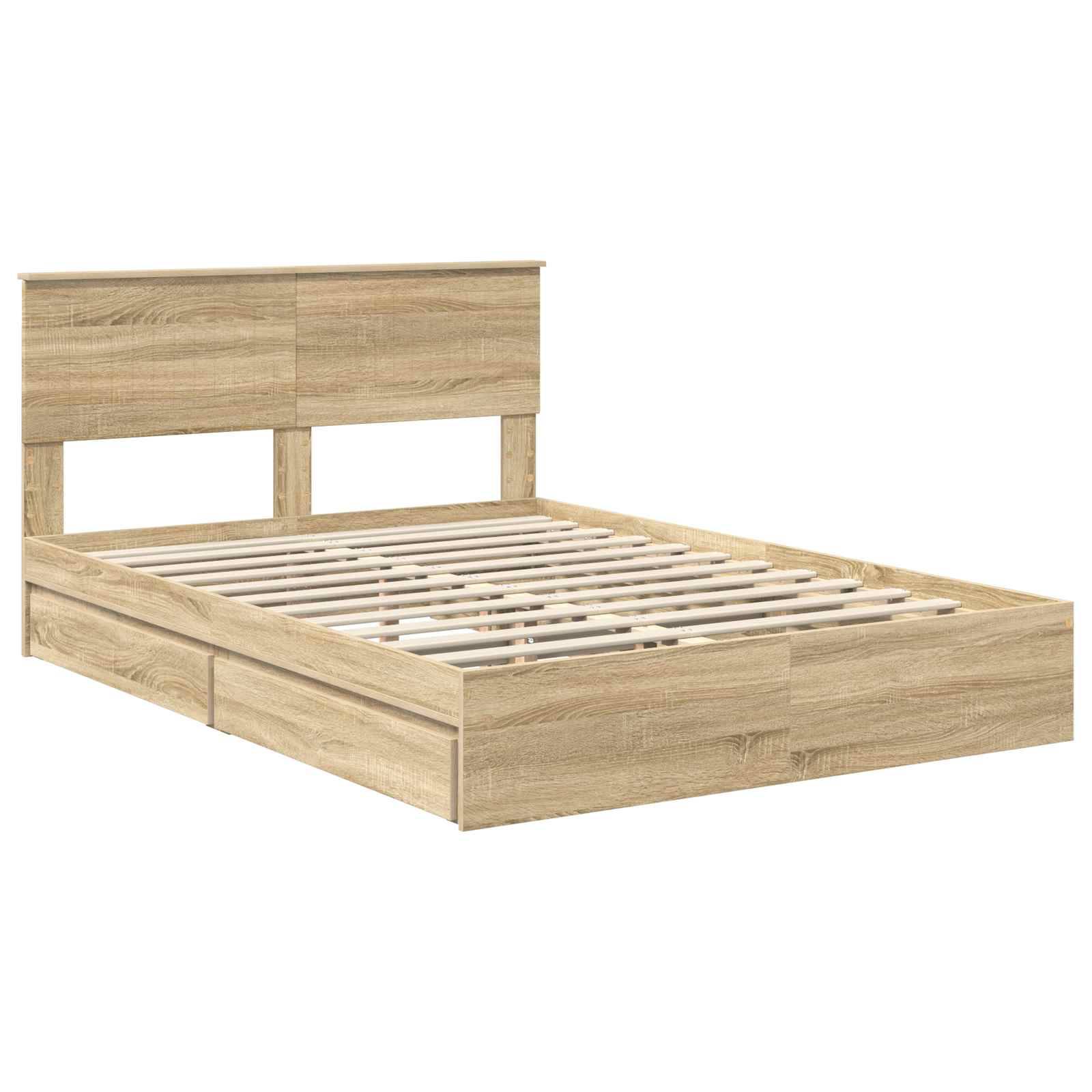 Holzbettrahmen mit einem schlichten, modernen Design, ausgestattet mit einer Lattenrost-Basis und einem rechteckigen Kopfteil in heller Eichenoptik.