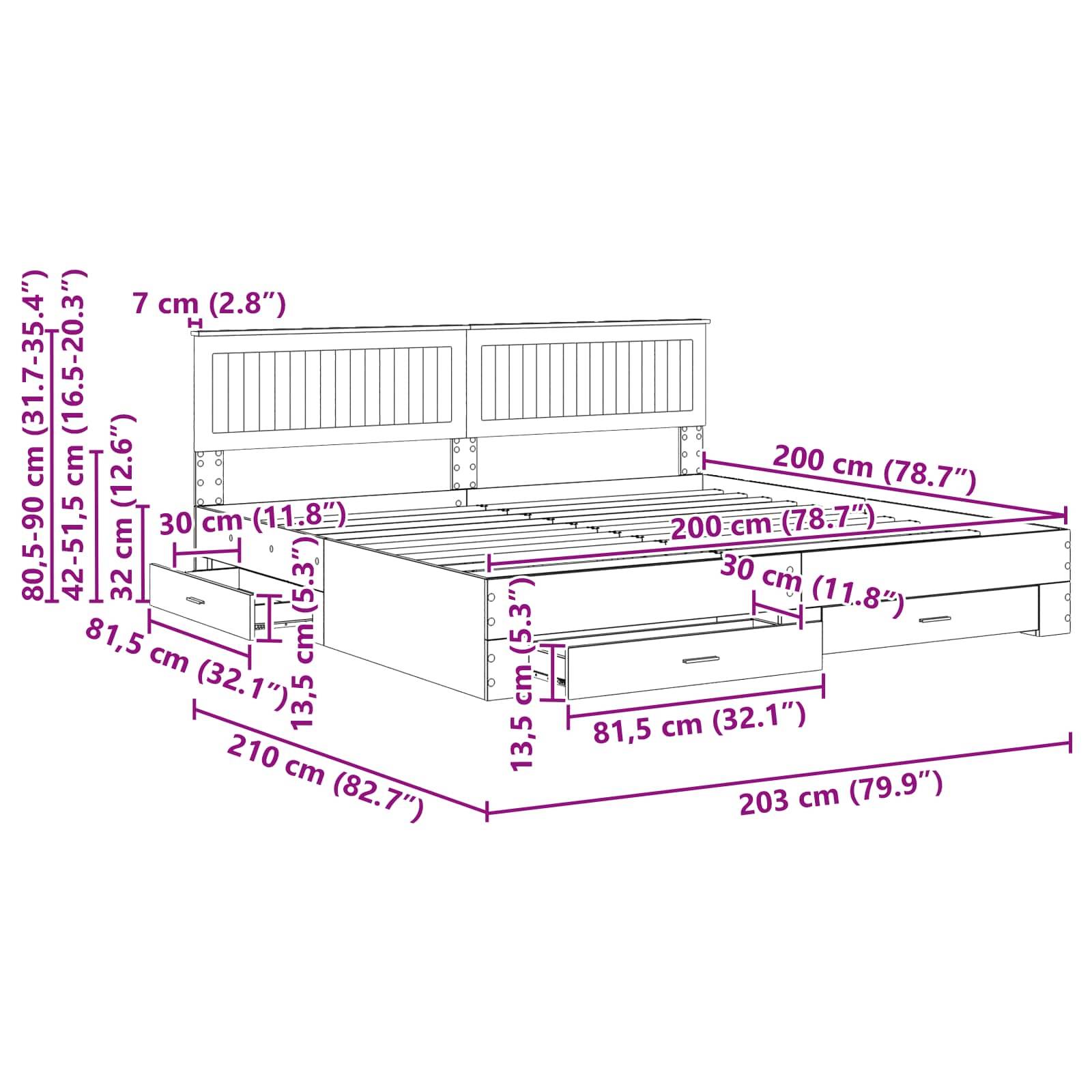 Diagramm eines Bettes mit Abmessungen. Breite: 210 cm (82,7