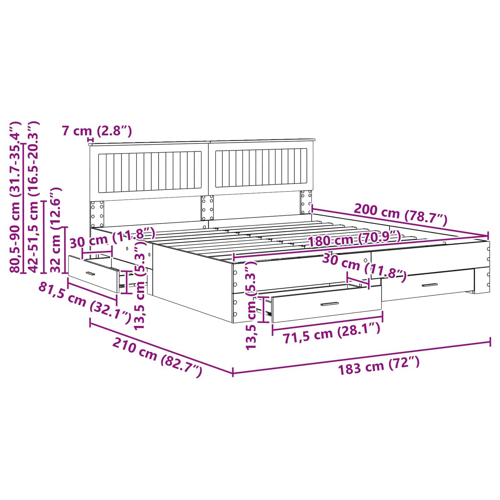 Bett mit Kopfteil und Staurageschubladen: Maße 183 cm breit, 210 cm lang und 80,5-90 cm hoch. Schubladen sind 71,5 cm breit.