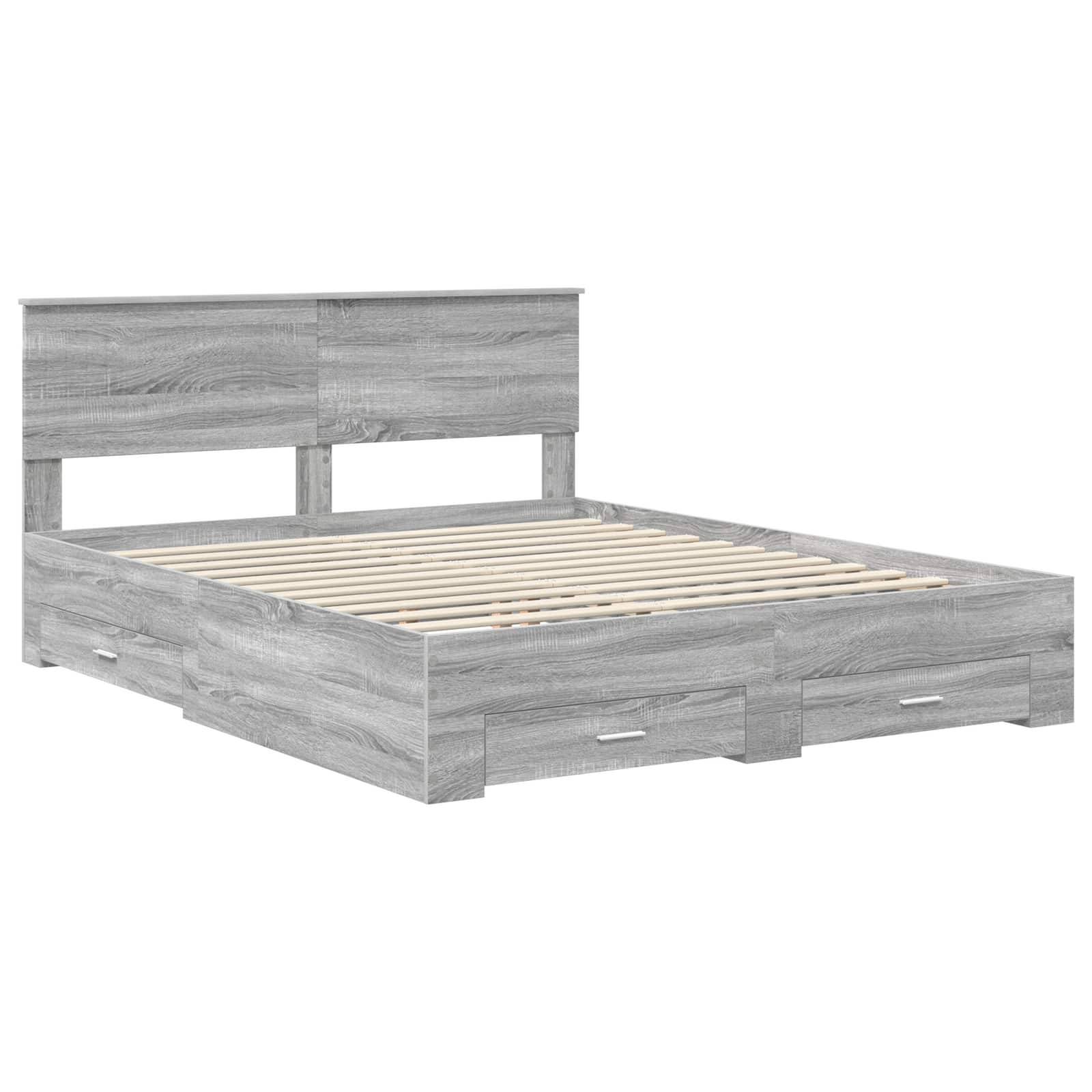 Graues Holzbettgestell mit hohem Kopfteil und integrierten Staurageschubladen darunter. Keine Matratze im Lieferumfang enthalten. Schlichtes und modernes Design.