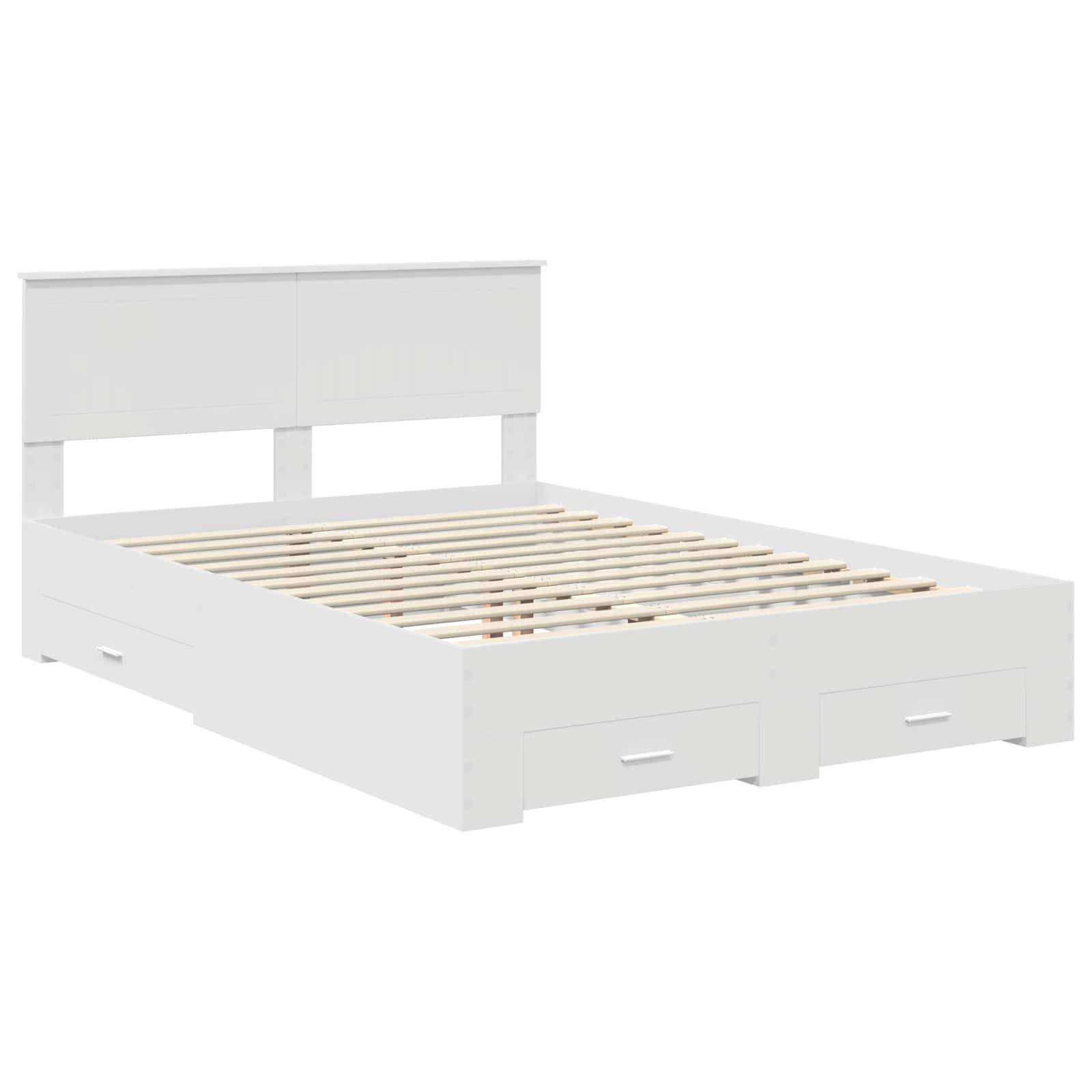 Weißer Holzbettrahmen mit Staurageschubladen darunter. Kopfteil inklusive. Matratzenunterstützungslatten sichtbar. Modernes, minimalistisches Design.