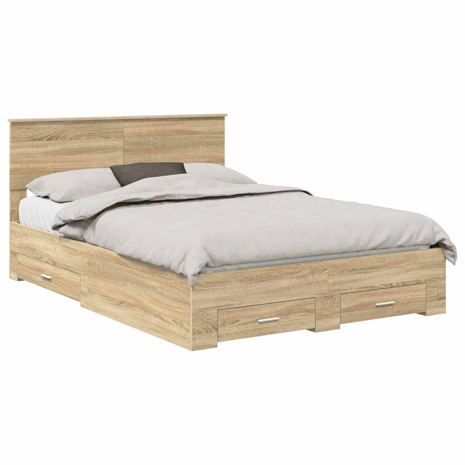 Ein Holzbettgestell mit hohem Kopfteil und zwei Reihen von Aufbewahrungsschubladen darunter. Das Bett ist ordentlich gemacht mit grauen Bettwaren.