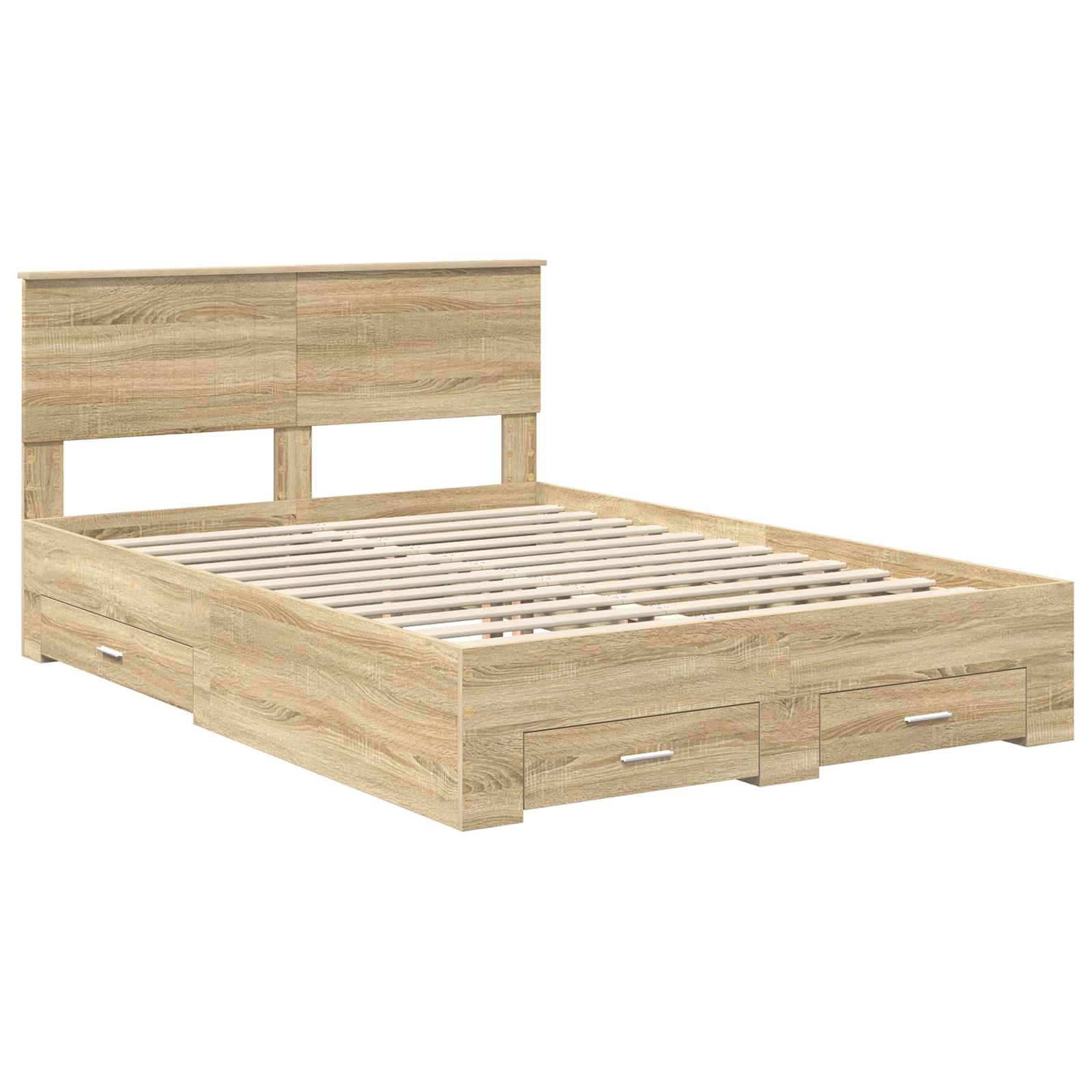 Ein Holzbettgestell mit Kopfteil, ausgestattet mit Aufbewahrungsschubladen darunter. Das Design ist minimalistisch und funktional.