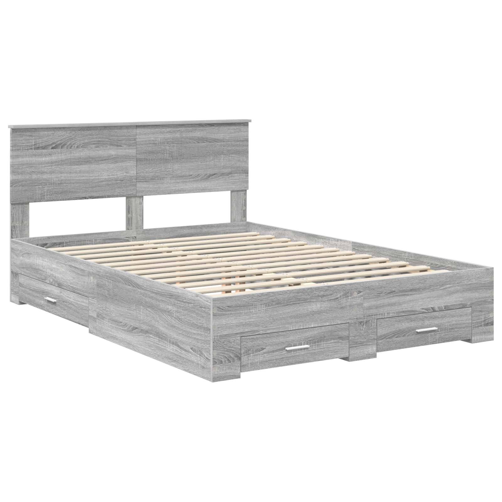 Ein Holzbettgestell mit hohem Kopfteil, Lattenrost und zwei Staurageschubladen an jeder Seite, in einer hellen Grauschattierung.