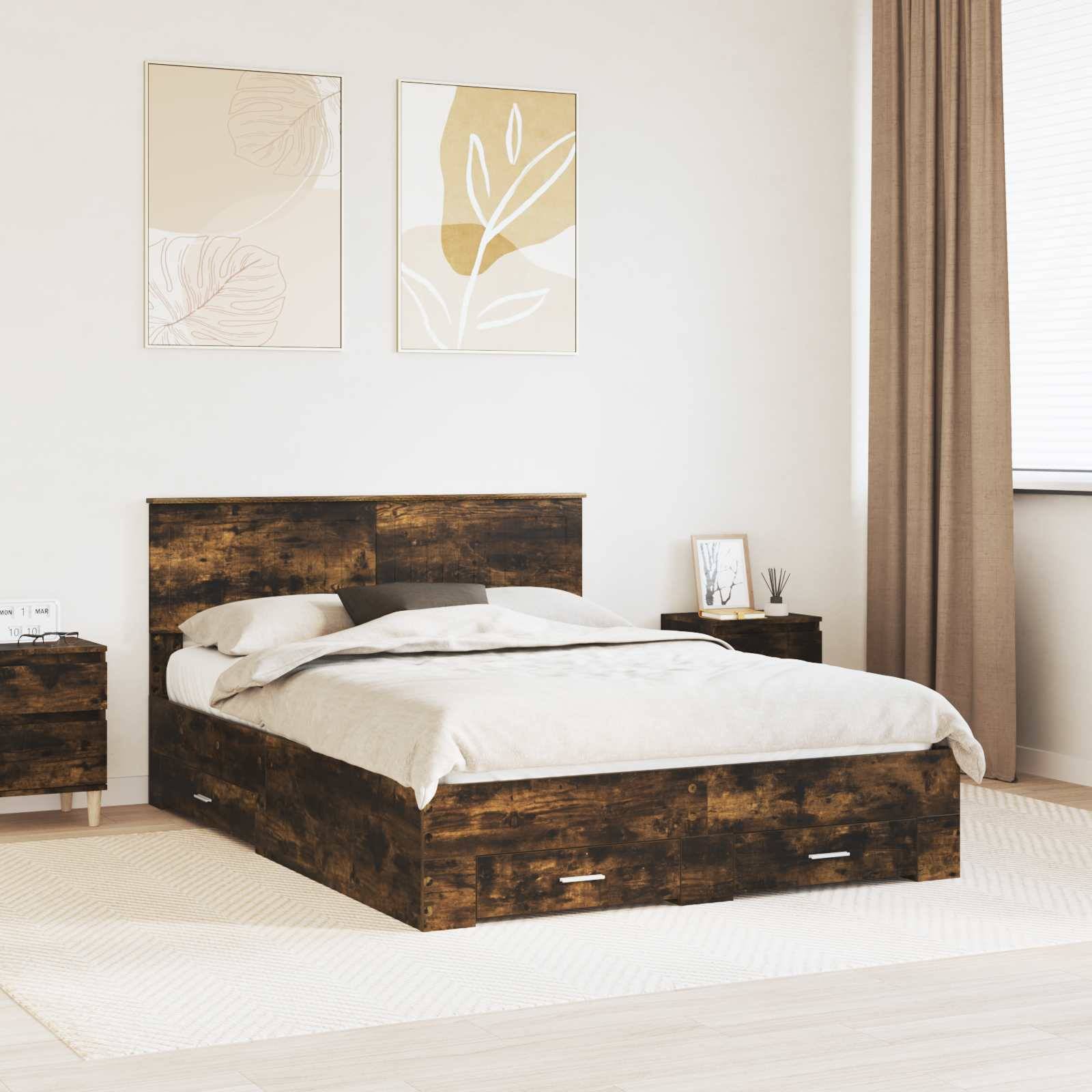 vidaXL Bettrahmen mit Schubladen Raucheiche 140 x 200 cm Holzwerkstoff