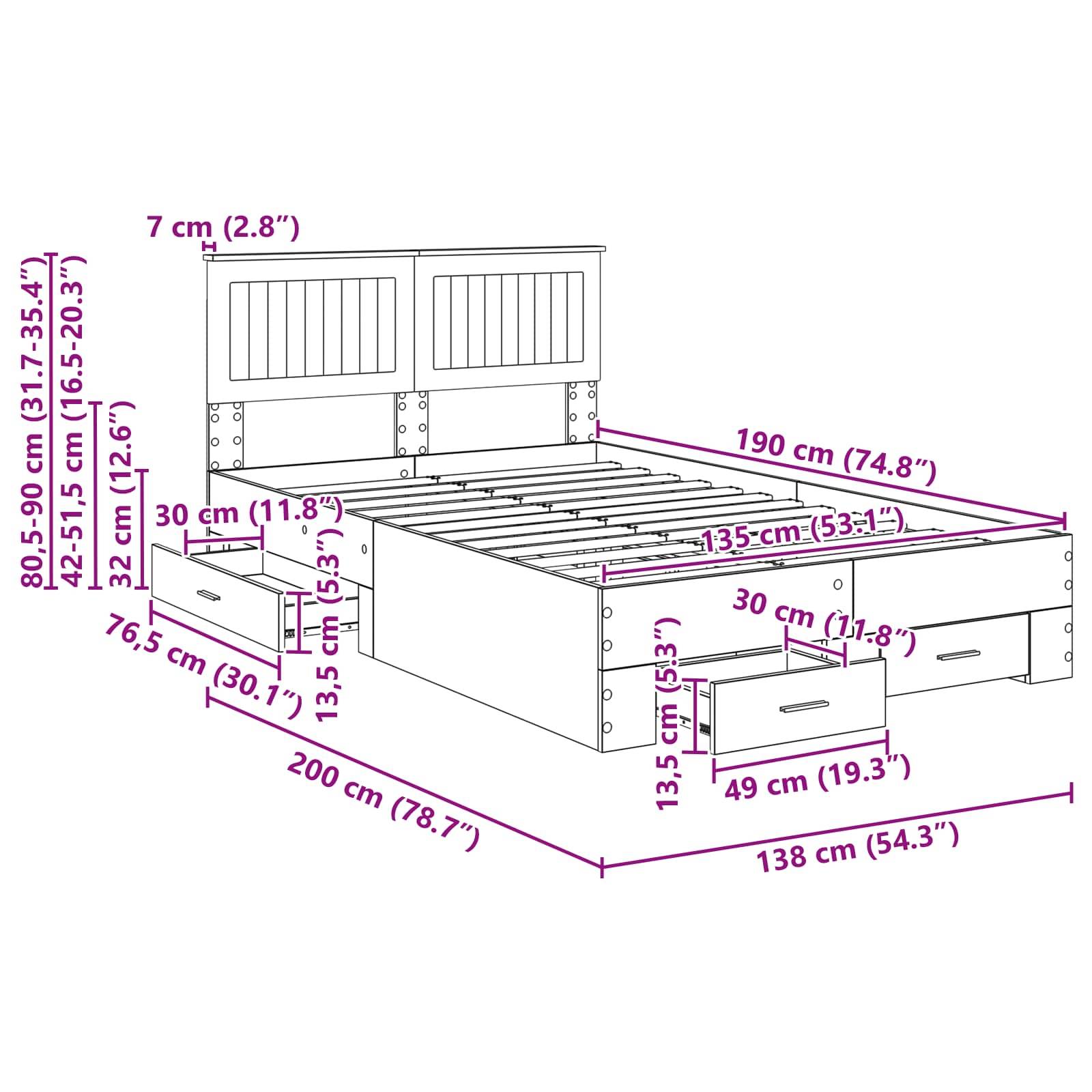 Diagramm eines Bettgestells mit Abmessungen. Länge: 200 cm (78,7