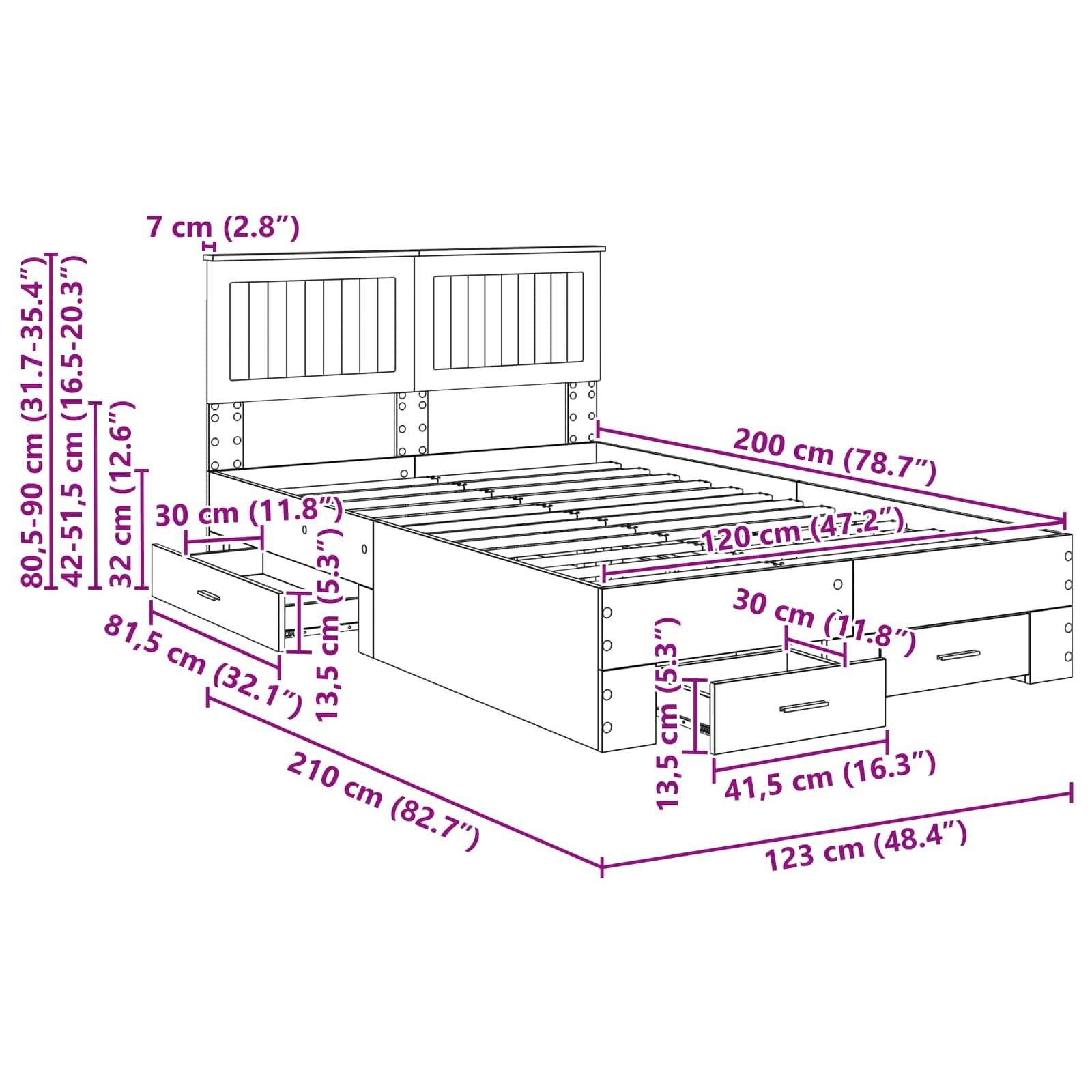 Maße eines Bettes mit Schubladen: Länge 210 cm, Breite 123 cm, Höhe 81,5 cm. Inklusive Kopfteil, Fußteil und Schubladengrößen.