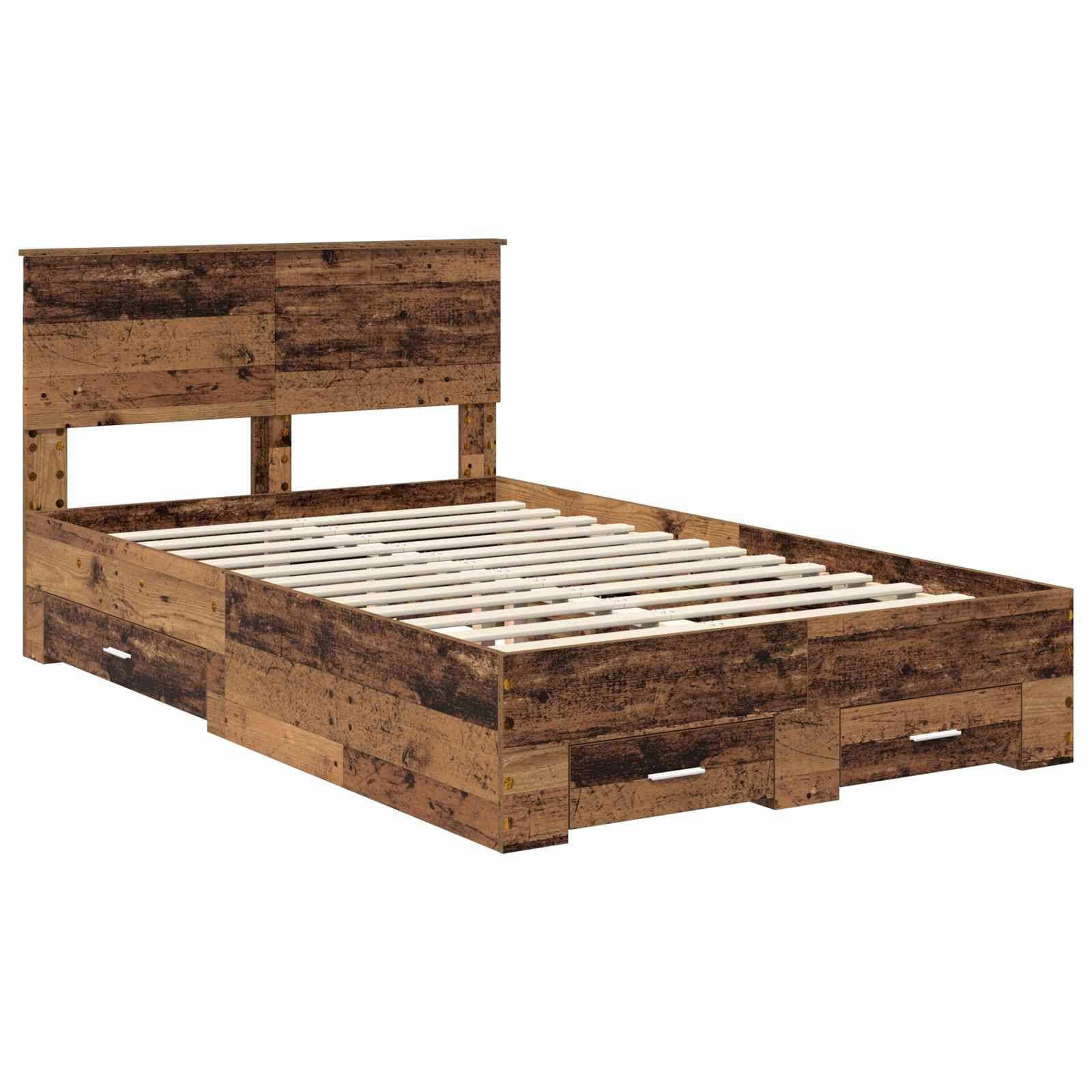 Ein Bettgestell aus Holz mit einem Kopfteil und Staurageschubladen darunter, mit einer rustikalen Oberfläche.