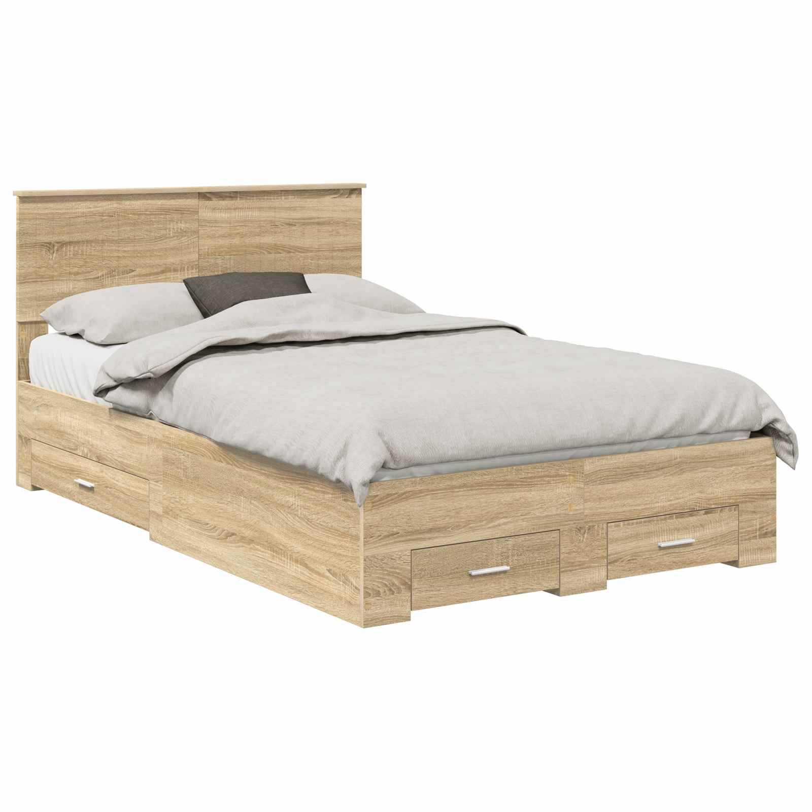 Holzbettrahmen mit helltonierter Oberfläche, ausgestattet mit integrierten Staurageschubladen darunter. Das Bett ist mit einem Kopfteil versehen und komplett mit neutralen Bettwaren bezogen.